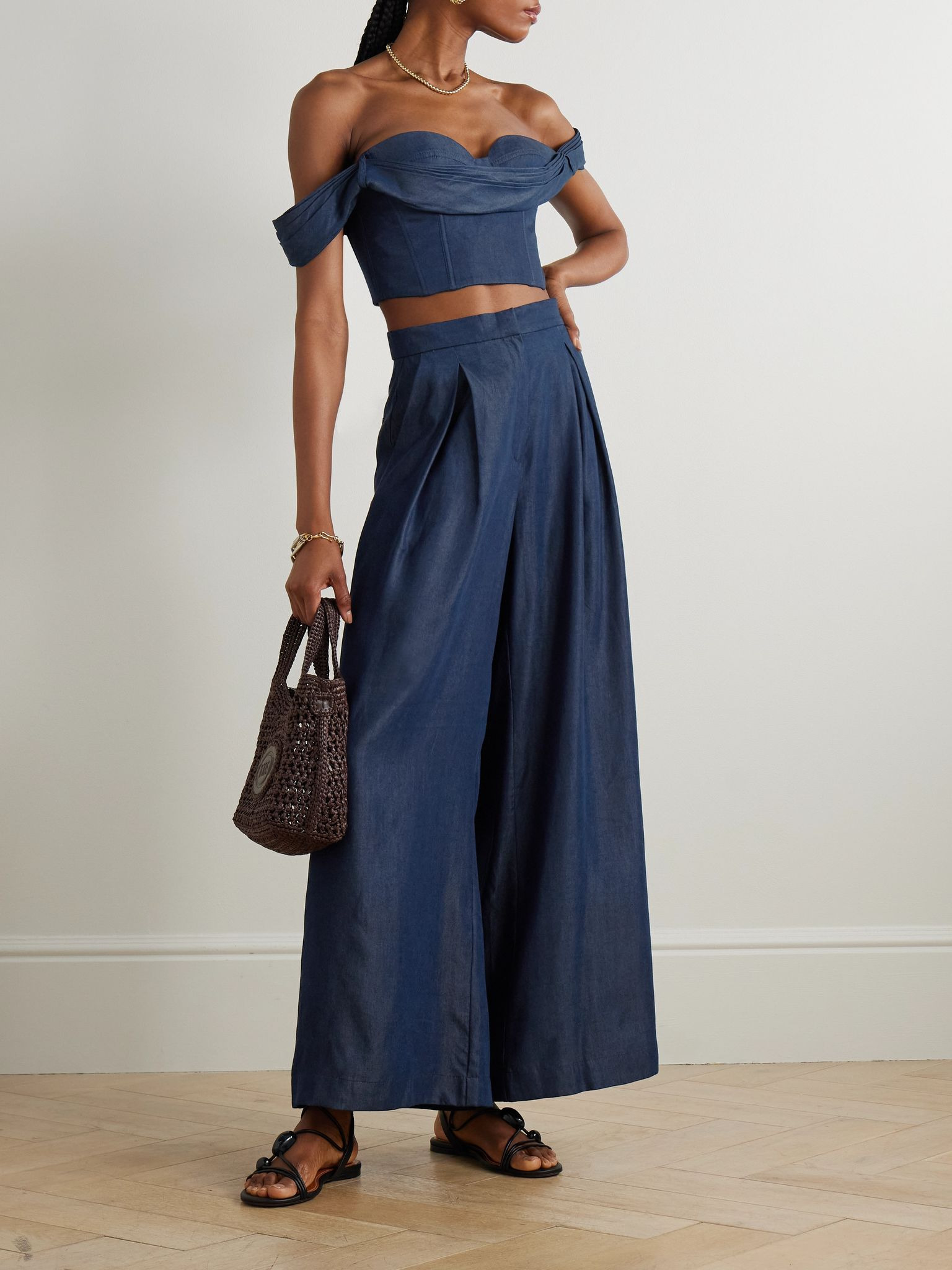 De Azahar off-the-shoulder draped TENCEL™ bustier top Dark denim - 2