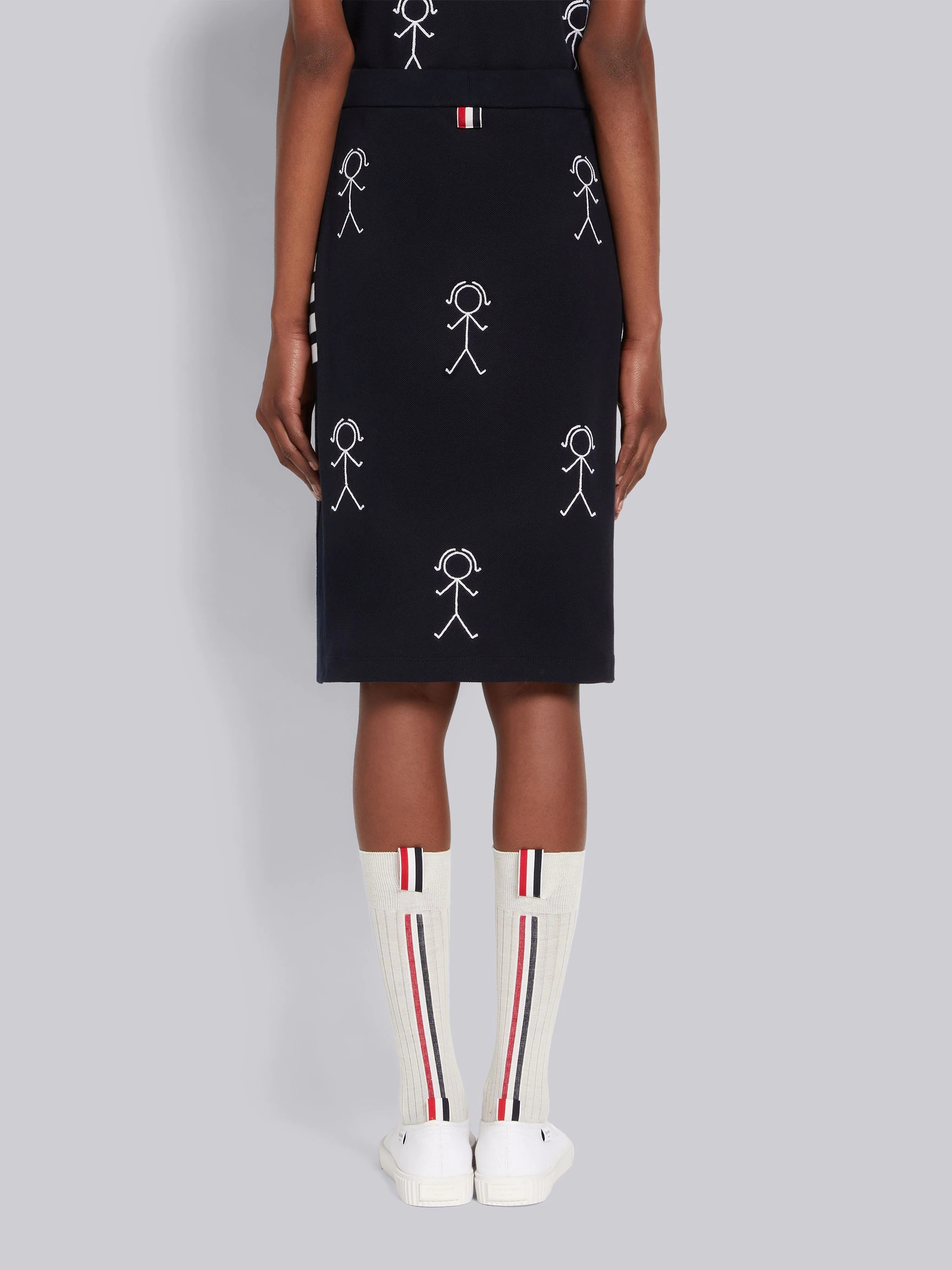 Navy Classic Pique Chain Stitch 4-Bar & Mrs. Thom Embroidery Knee Length Skirt - 3