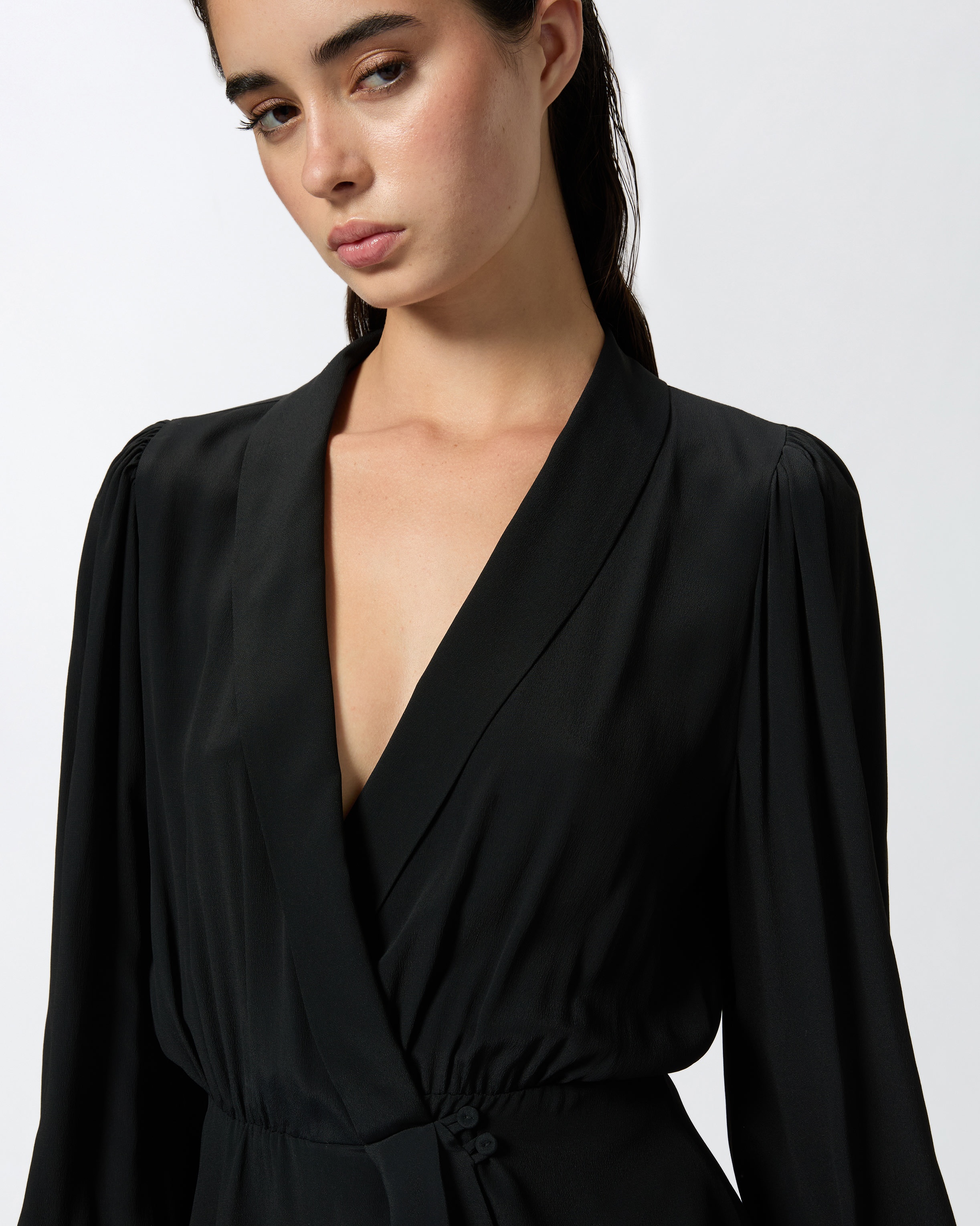 PLUNGING-NECK SILK-BLEND MINI DRESS - 5