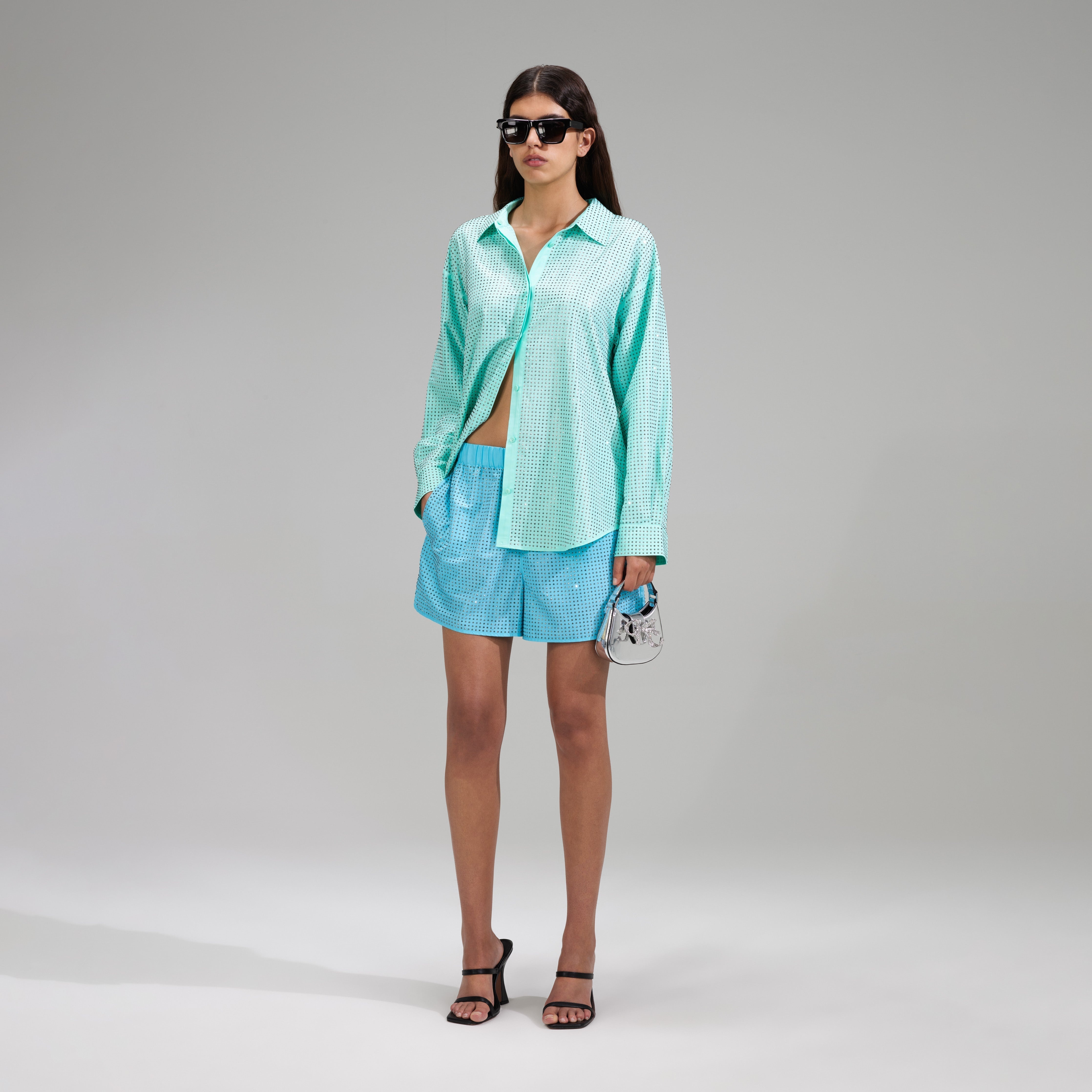 Mint Rhinestone Taffeta Oversized Shirt - 2
