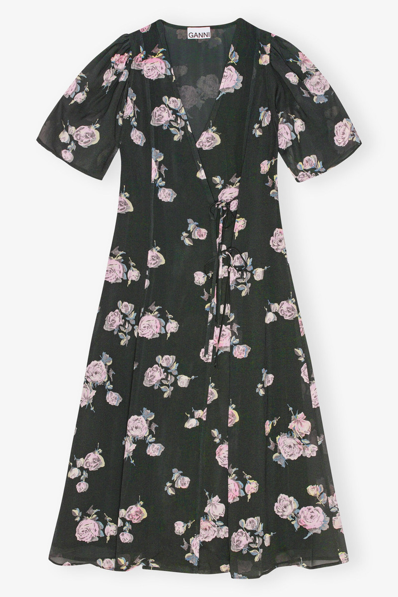 BLACK FLORAL CREPE WRAP MIDI DRESS 1
