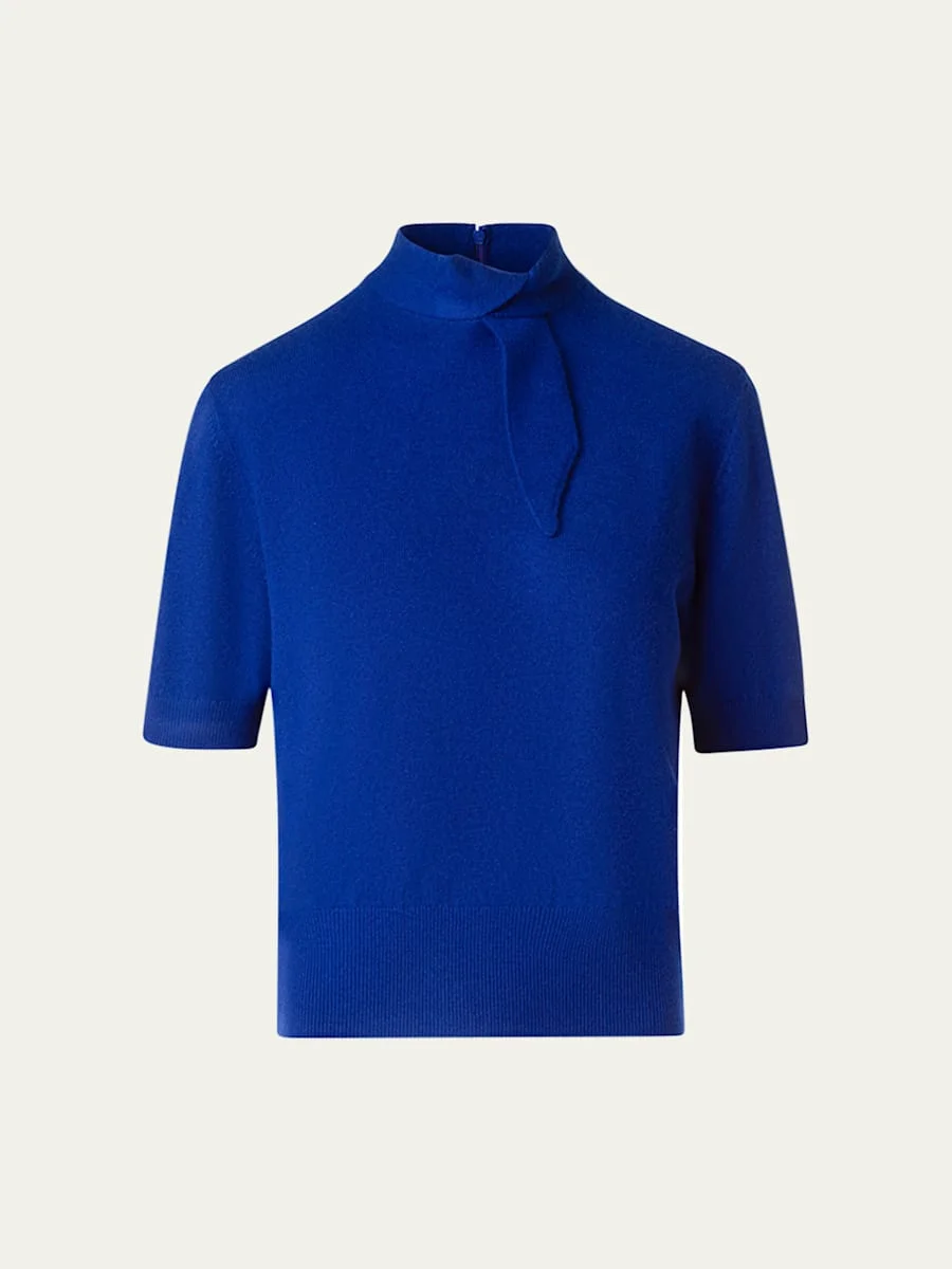 Neck-Tie Cashmere Short-Sleeve Sweater - 1