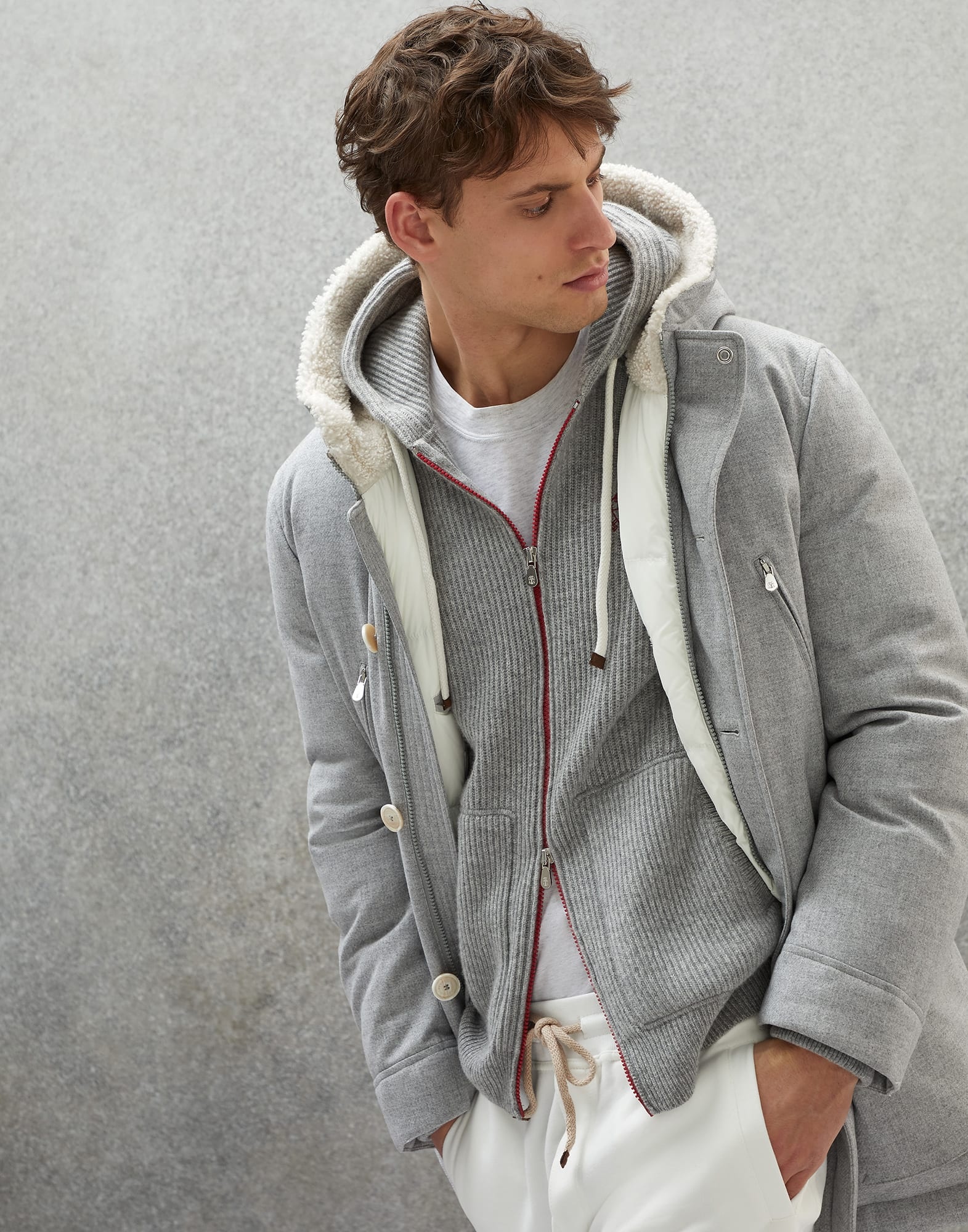 Wool, silk and cashmere bonded diagonal parka with down padding and shearling-lined hood - 4