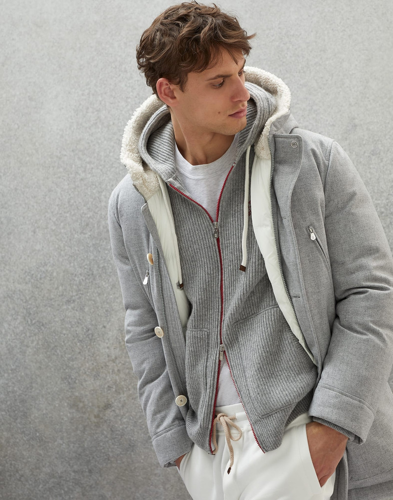 Wool, silk and cashmere bonded diagonal parka with down padding and shearling-lined hood 4