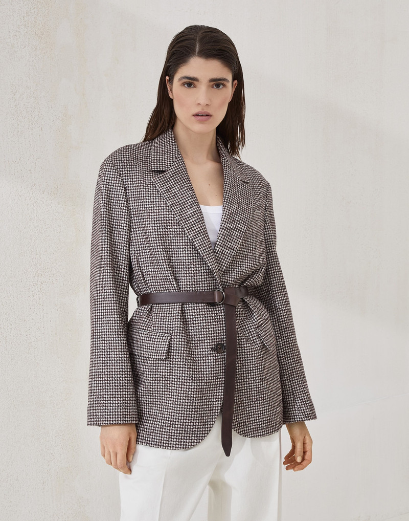 Wool and alpaca houndstooth blazer with leather belt and monili - 1