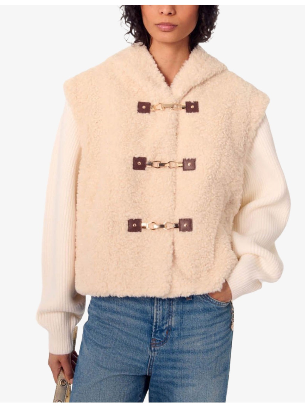 Dual-Material Hooded Faux Fur Jacket - 5