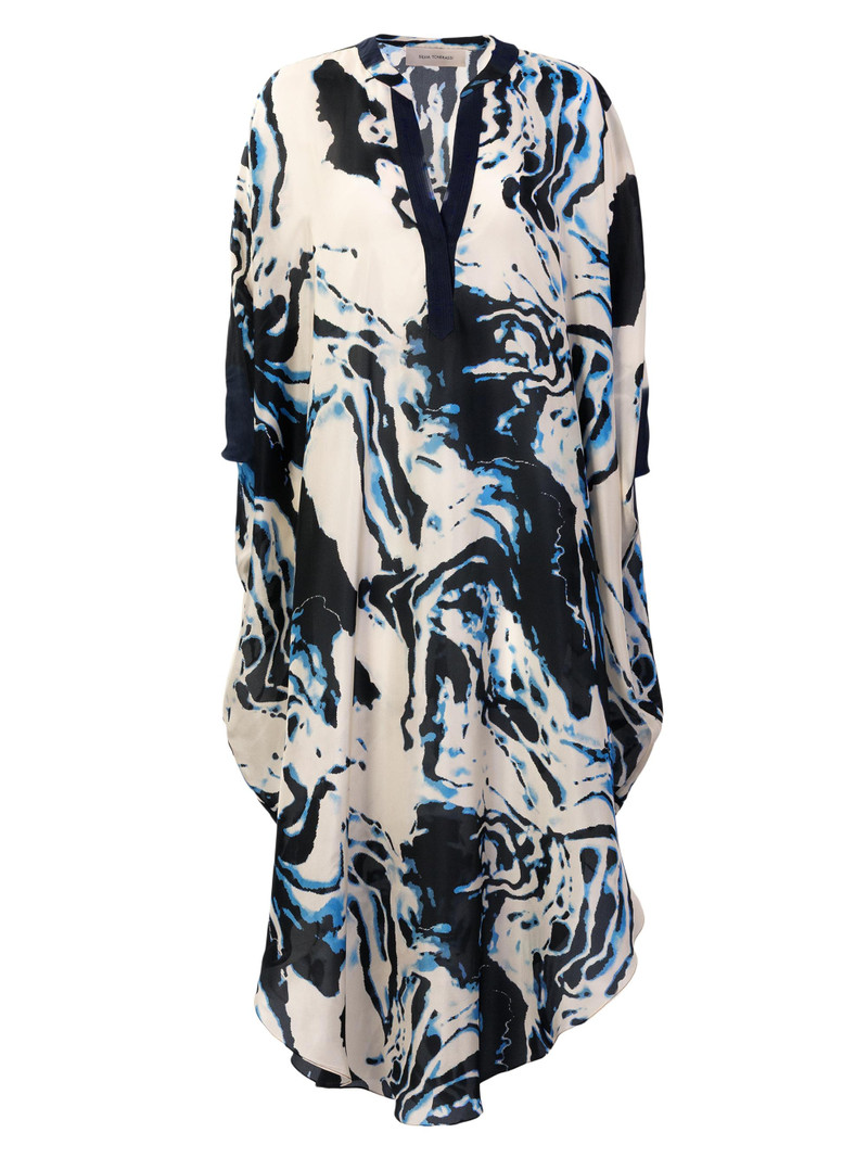Women's Elea Marbleized Silk Tunic - Deep Sea Abstract 1