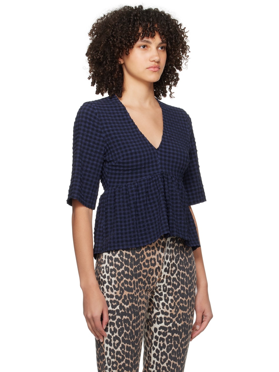 Blue & Black V-Neck Blouse - 2