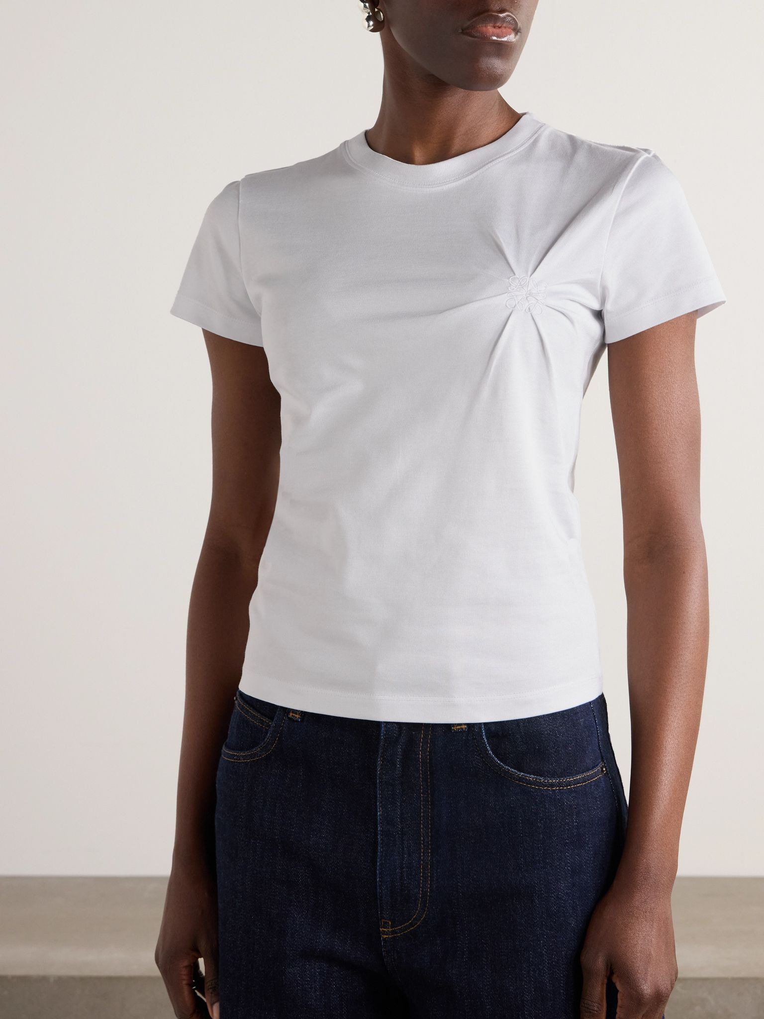 Gathered embroidered cotton-blend piqué T-shirt White - 3