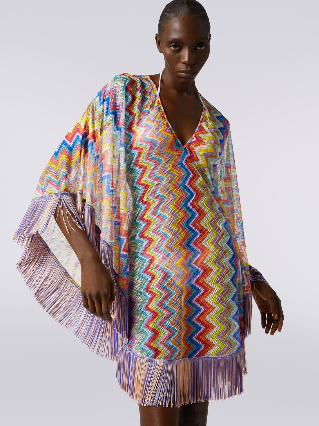 Short cover-up kaftan with zigzag print and fringes - 5