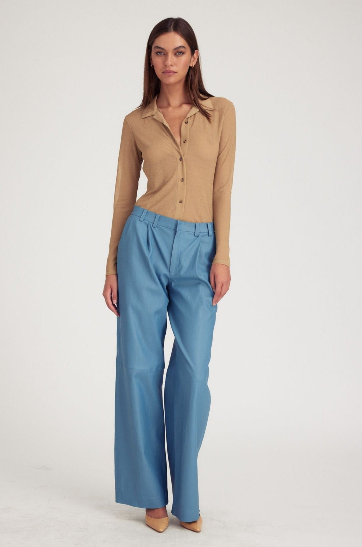 CHAMBRAY BLUE LEATHER PLEATED TROUSERS - 2
