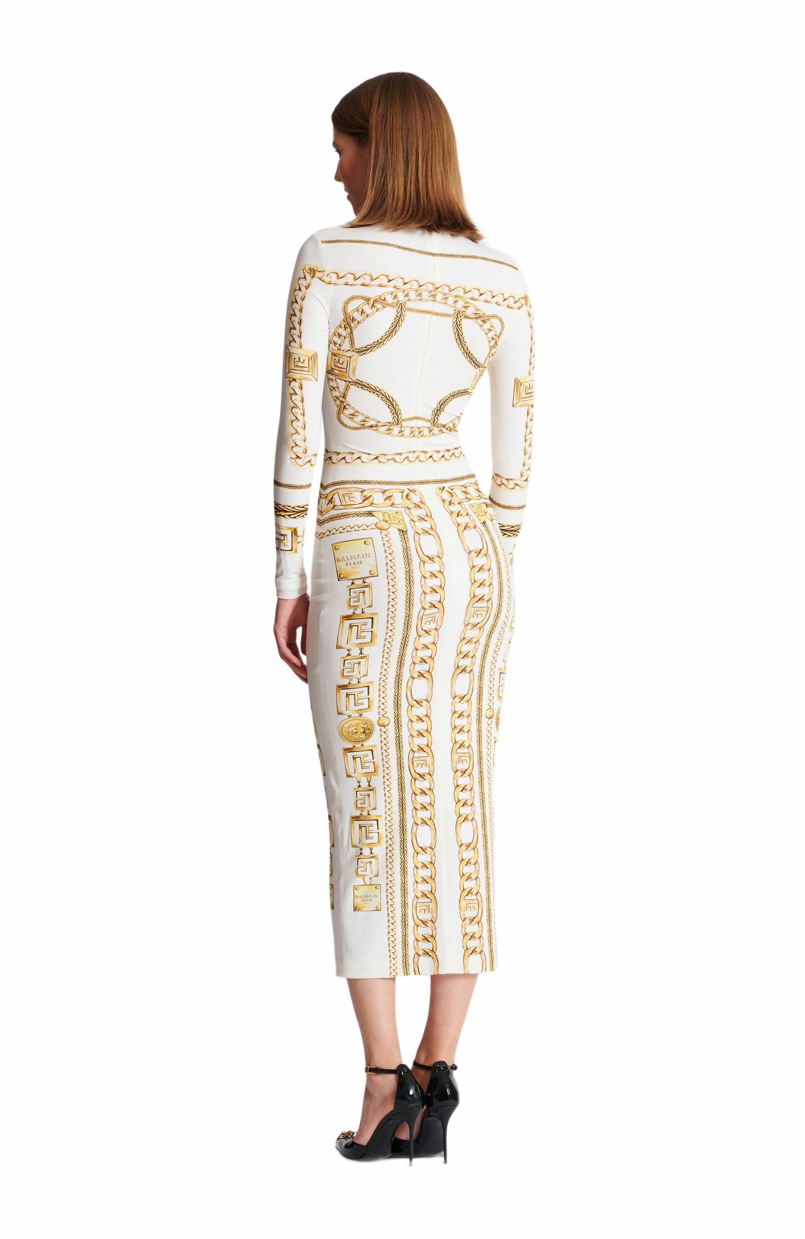 Long printed bodycon dress with Balmain Foulard pattern in Gold at Nordstrom - 3