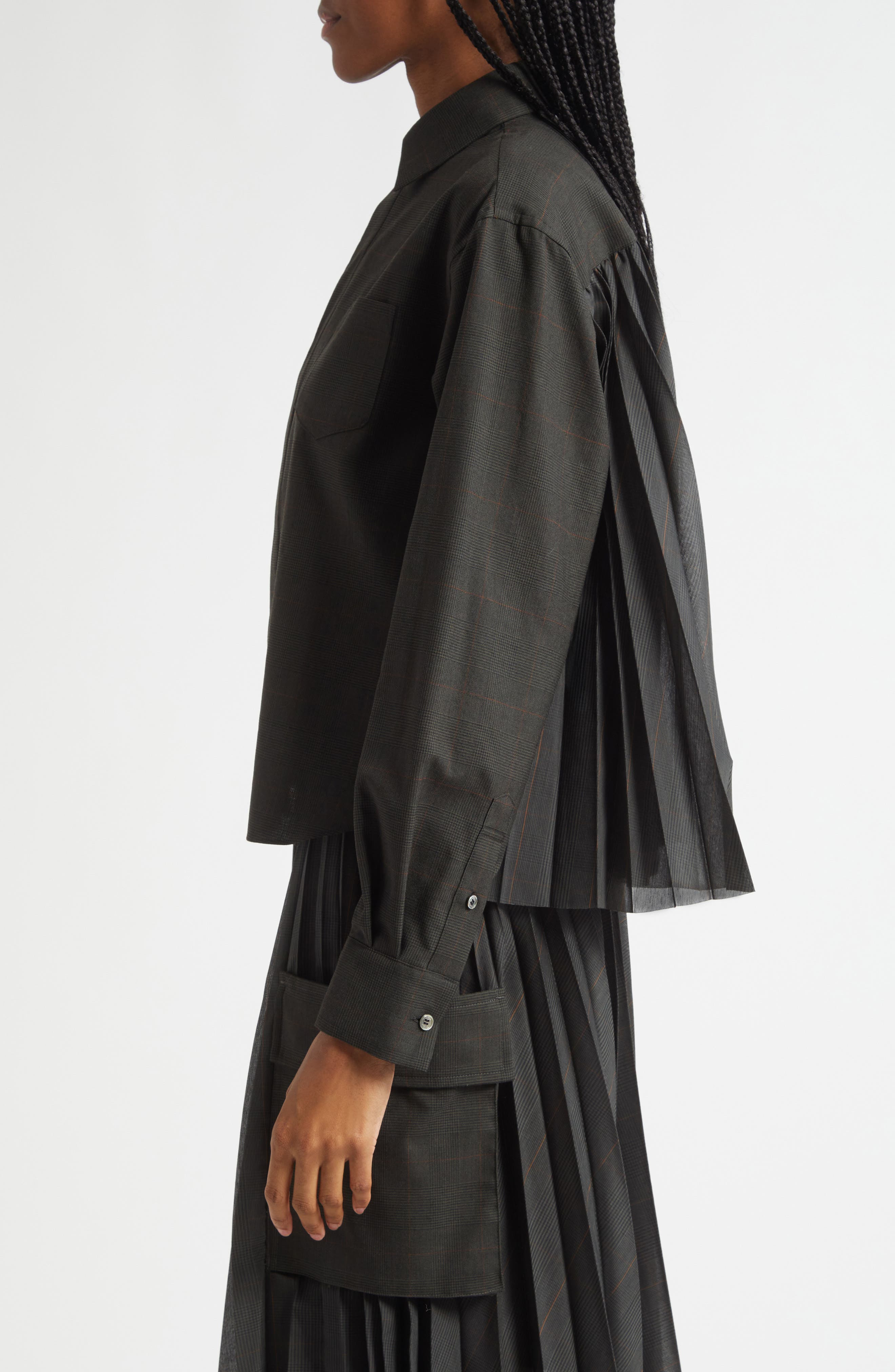 Sacai Glen Check Mixed Media Button-Up Shirt in Black/Khaki at Nordstrom - 4