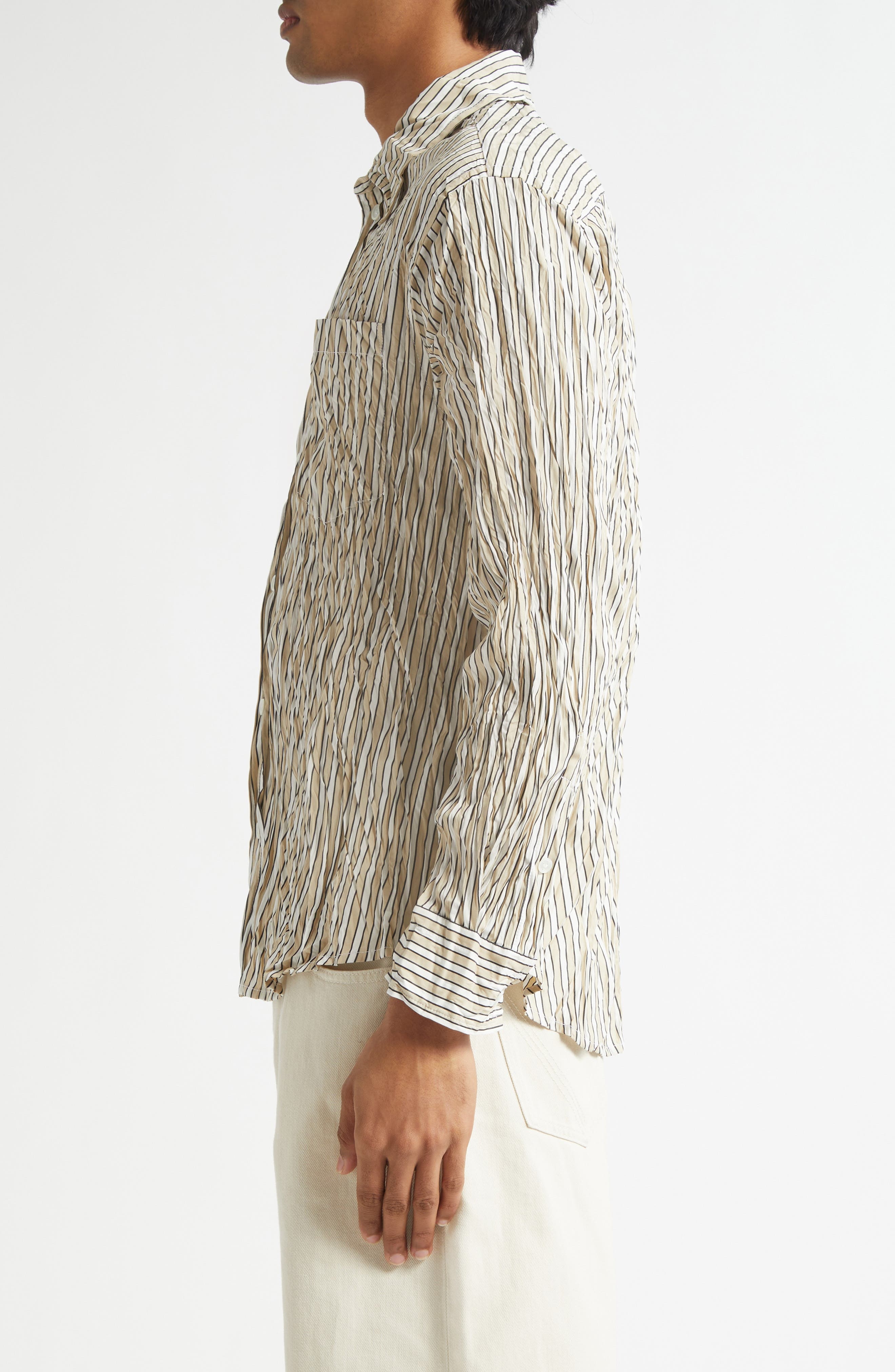 Bottega Veneta Crushed Technical Cotton Poplin Button-Up Shirt in 8773 Beige/White/Black at Nordstro - 4