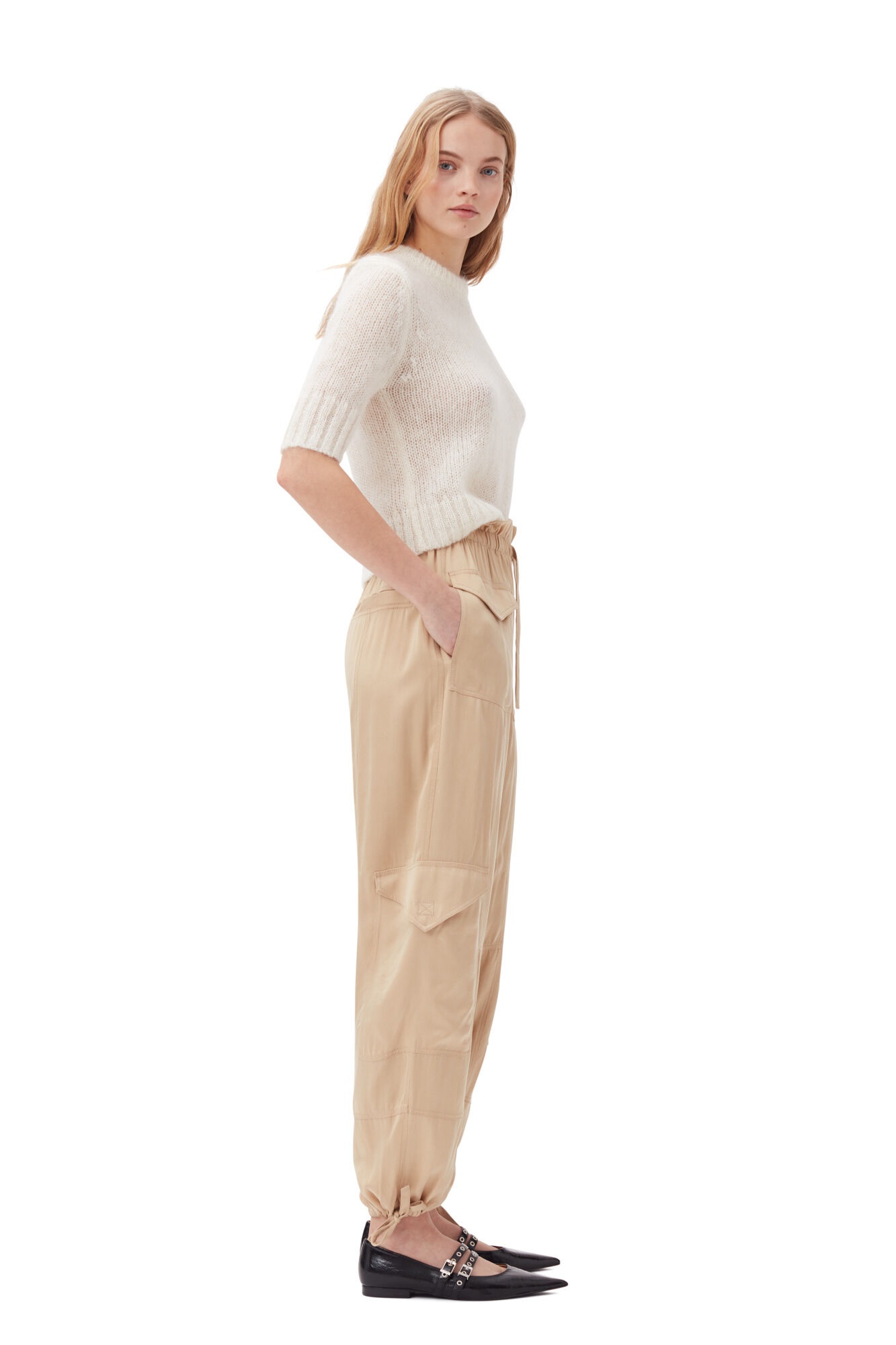 BEIGE WASHED SATIN POCKET PANTS - 4