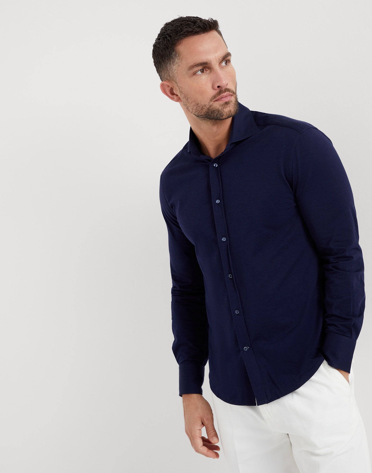 Cotton piqué basic fit shirt with spread collar - 1