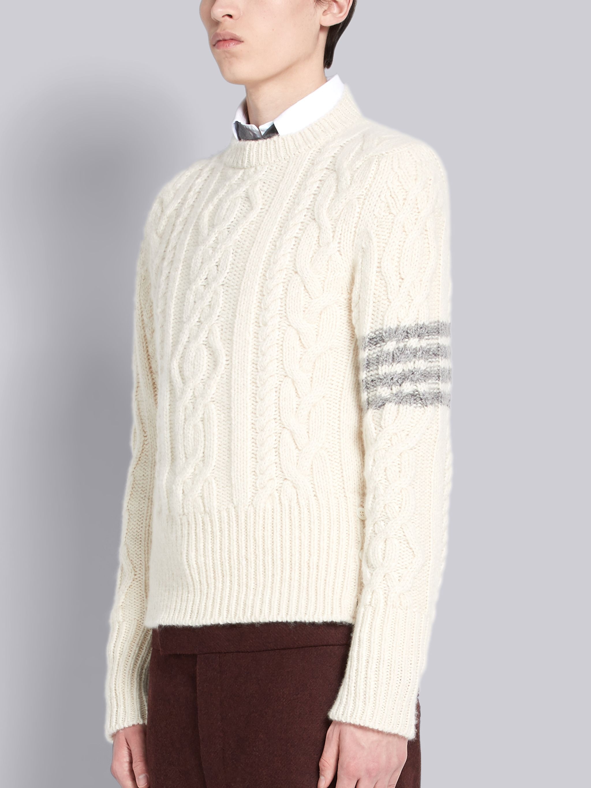 White Cashmere Aran Cable 4-bar Crew Neck Pullover - 2