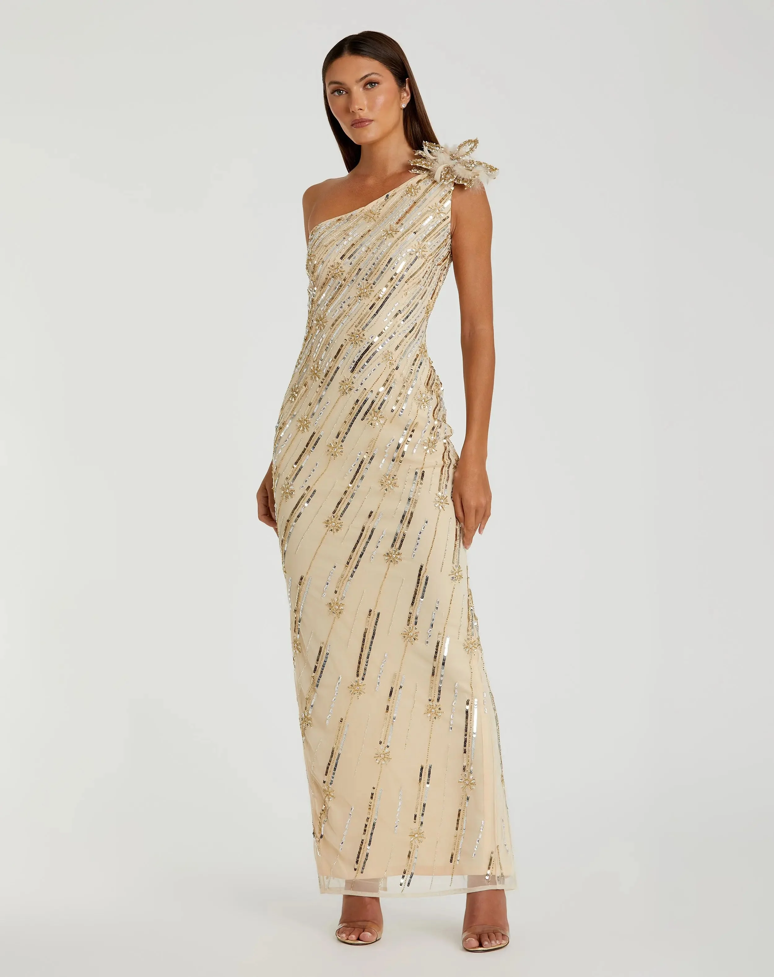 Gold Embellished Floral Detail One Shoulder Gown - 1