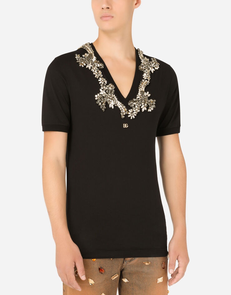 Cotton V-neck T-shirt with DG logo and crystals - 4