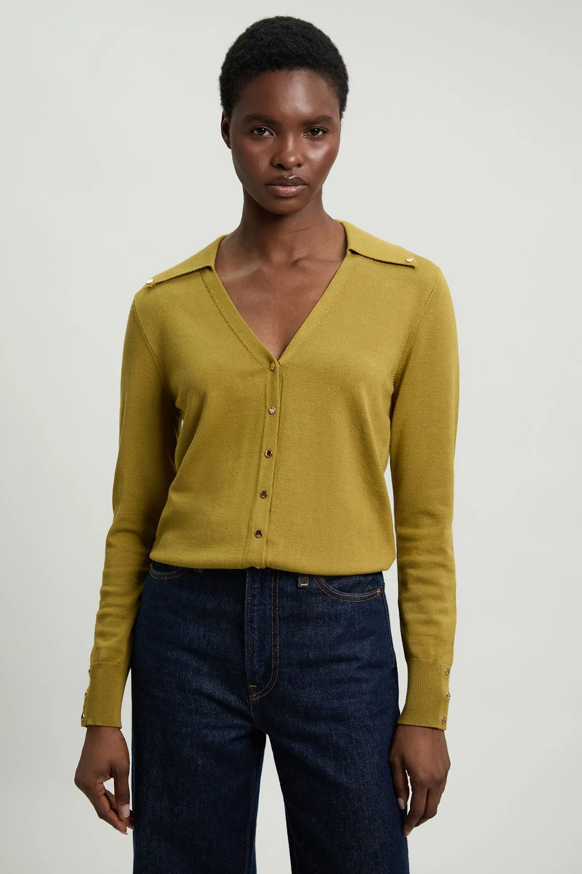 Viscose Blend Popper Detail Knit Collared Cardigan - 1