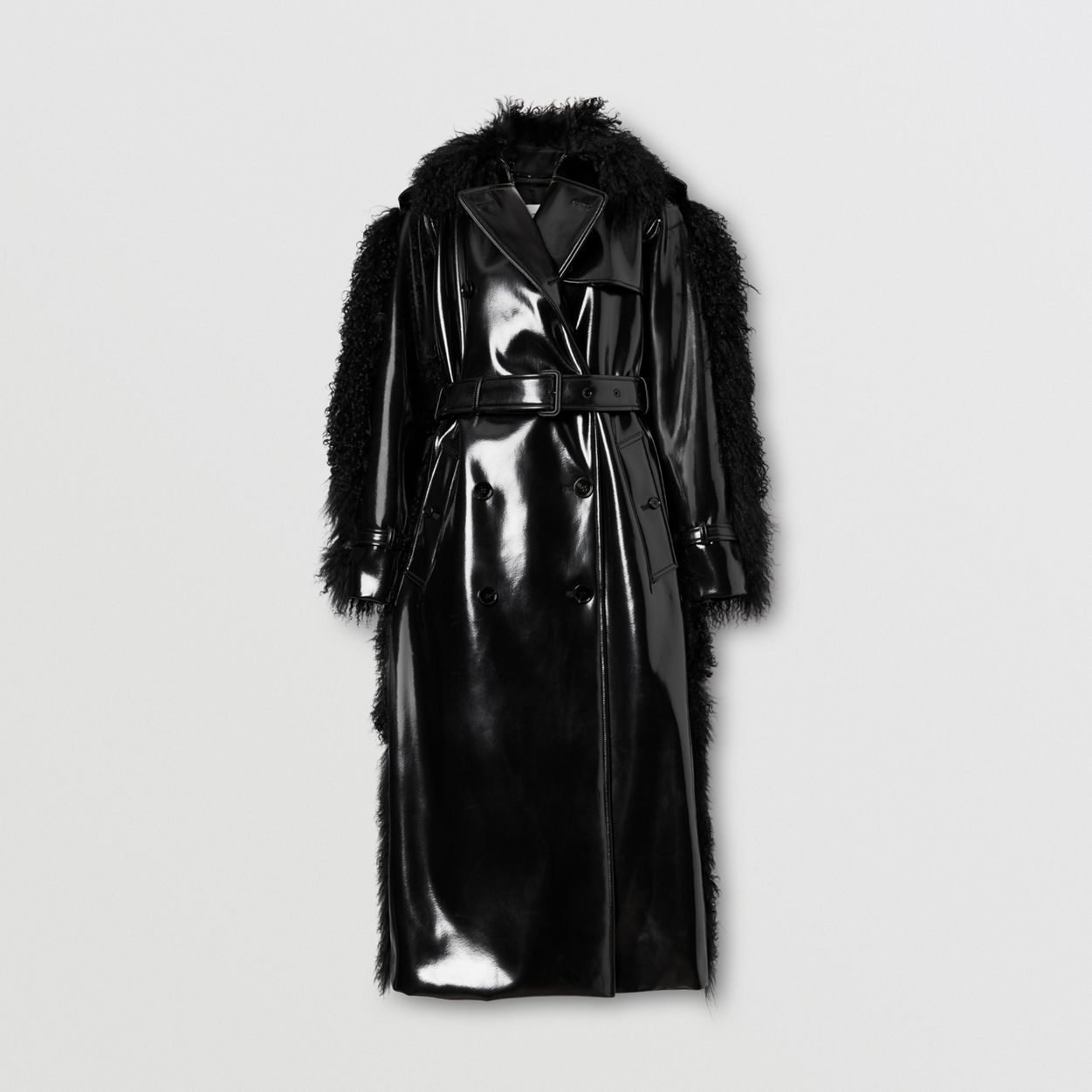 Shearling Trim Vinyl Trench Coat - 1