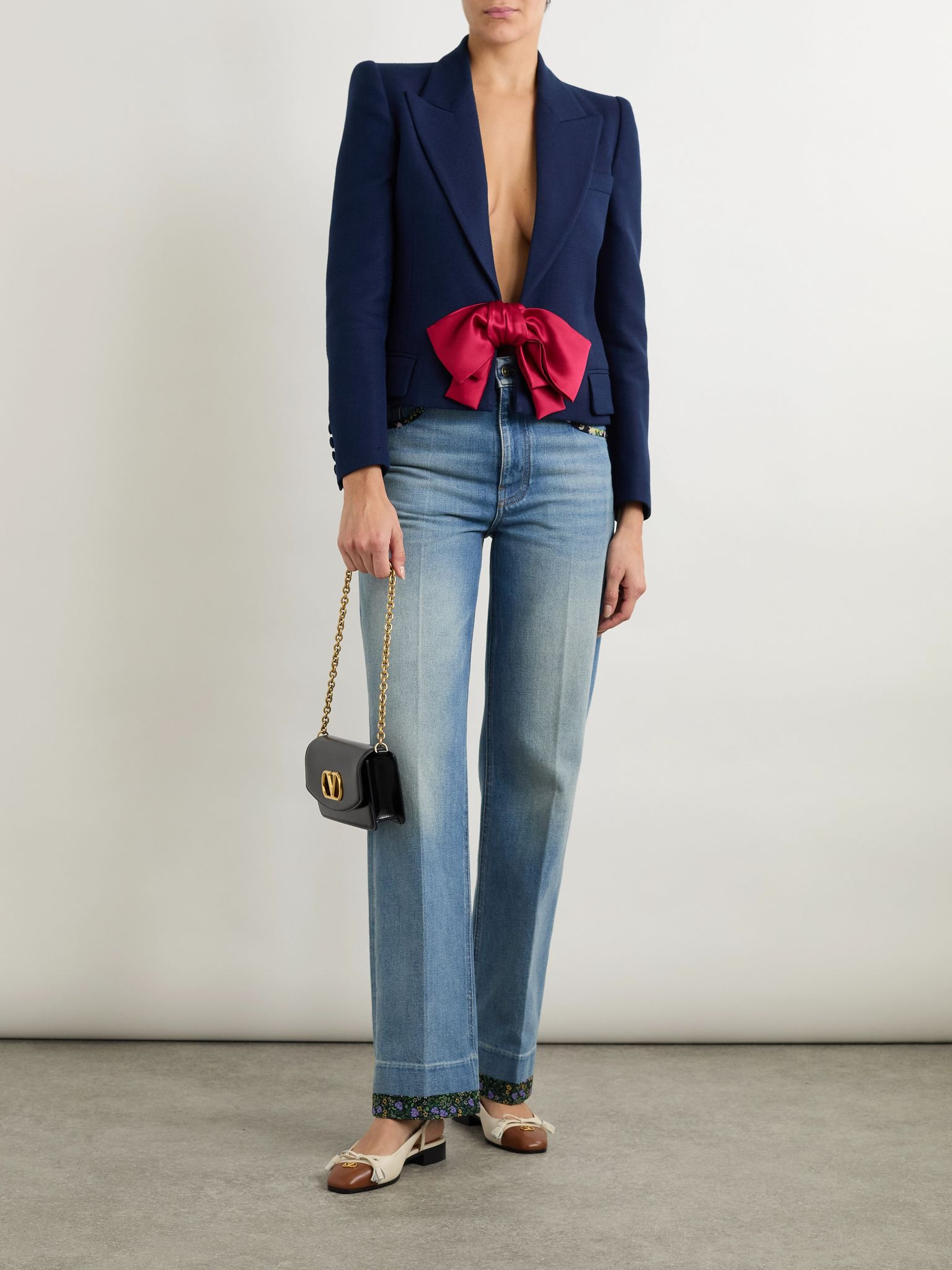 Cropped satin-trimmed woven blazer Navy - 2