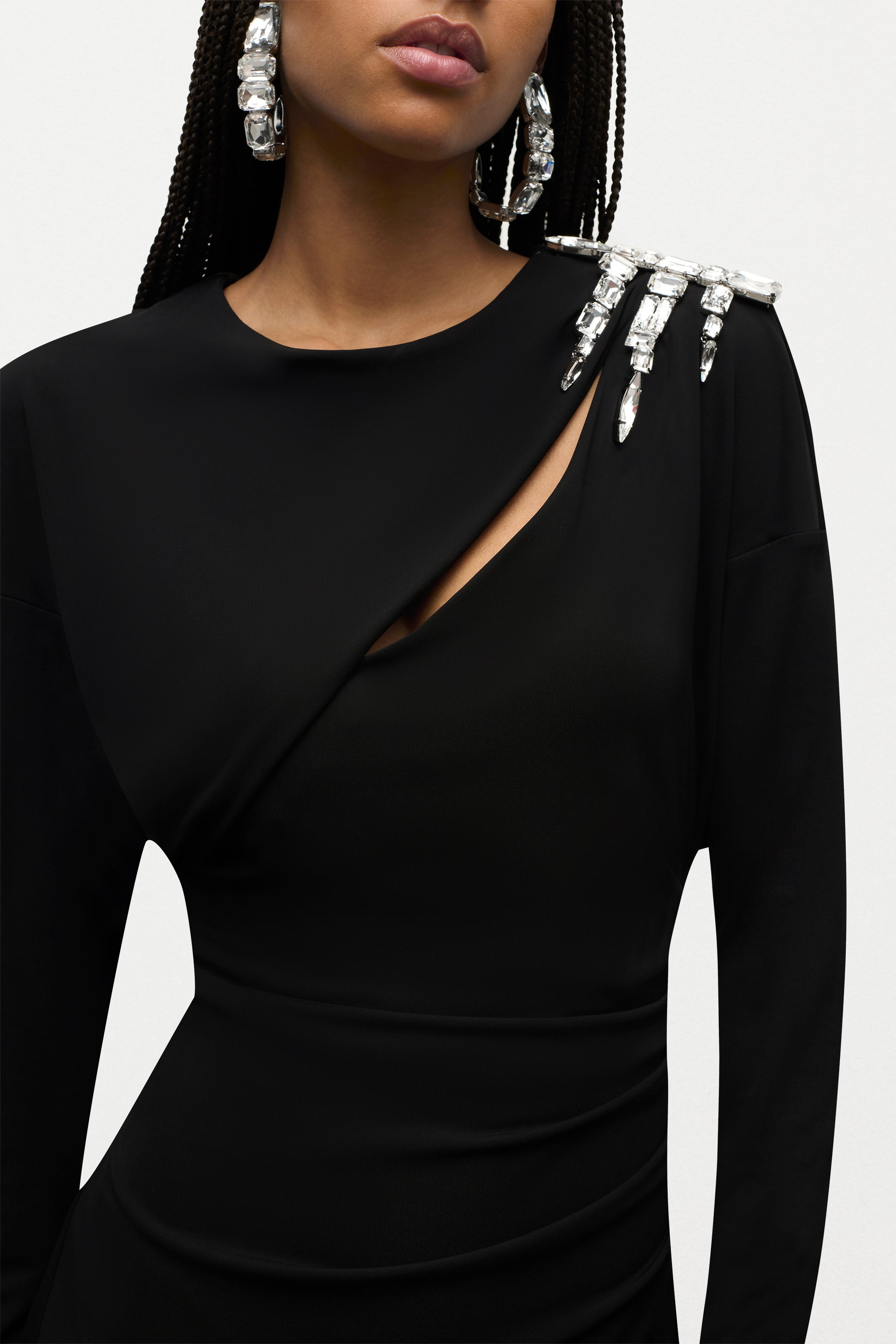 CRYSTAL CLUSTER DRAPED LONG SLEEVE MINI DRESS - 6
