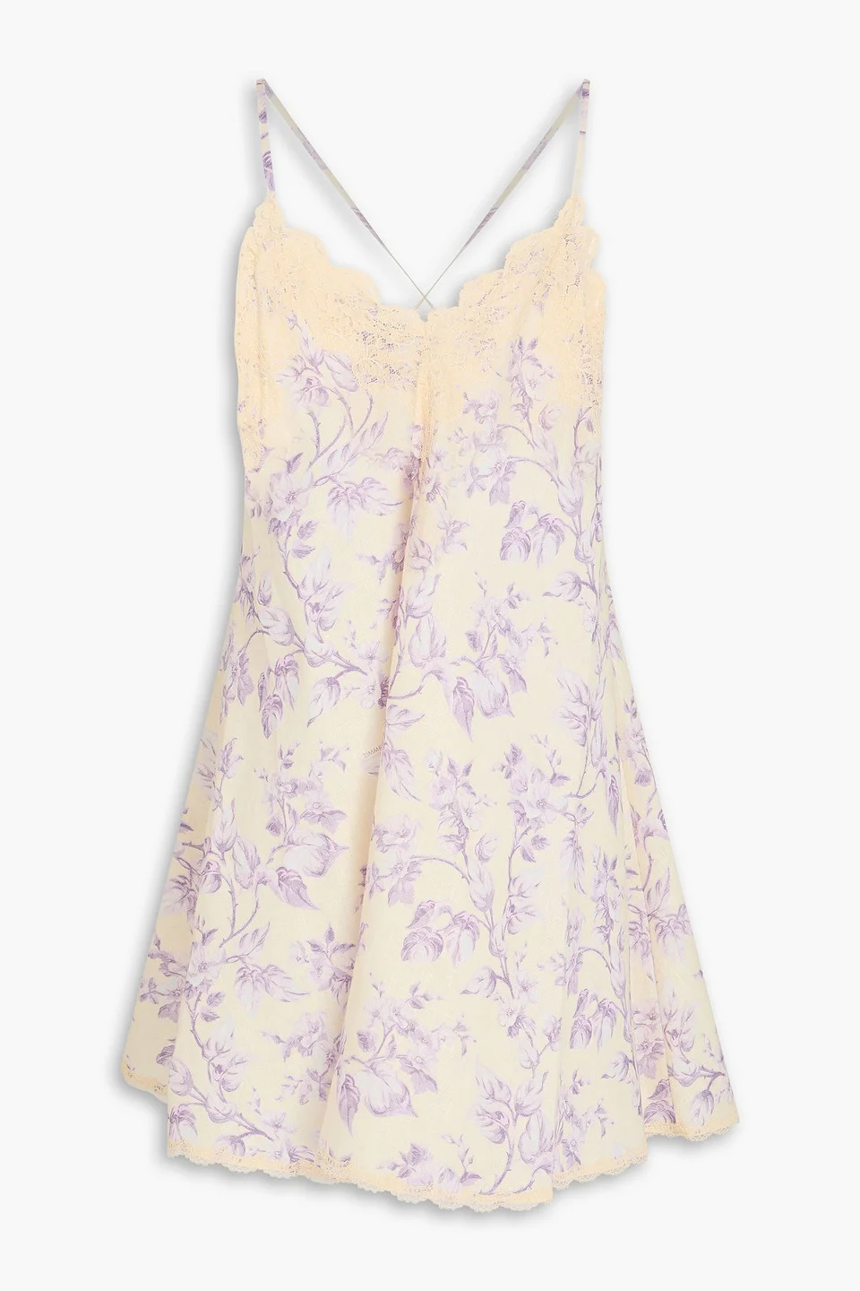 Lace-trimmed floral-print linen-gauze mini dress - 1