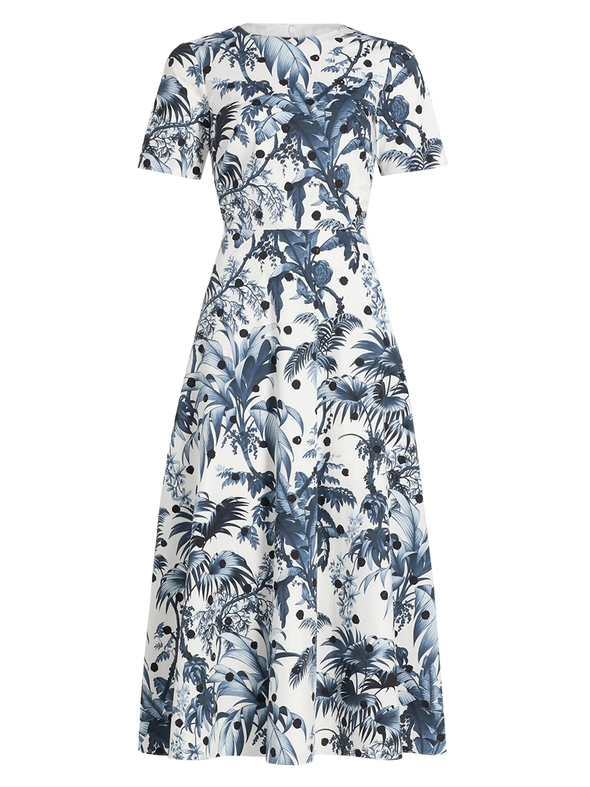 Women's Dotted Palm Tree Cotton Poplin Midi-Dress - Navy White - 1