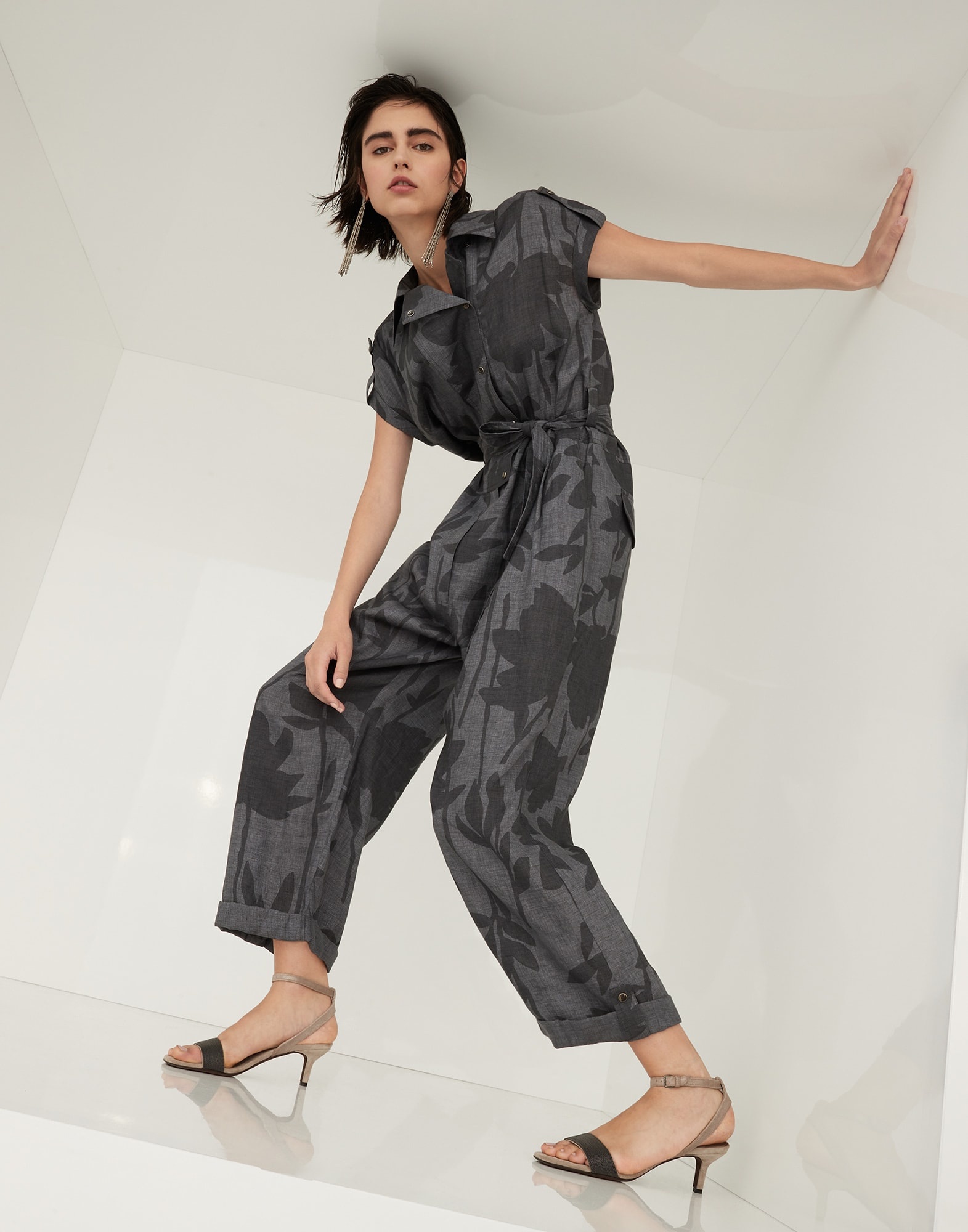 Ramage print lessivé linen jumpsuit with belt and shiny details - 4