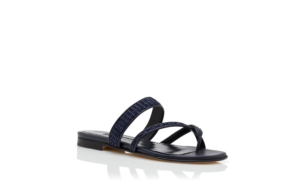 Navy Blue Raffia Flat Sandals - 3
