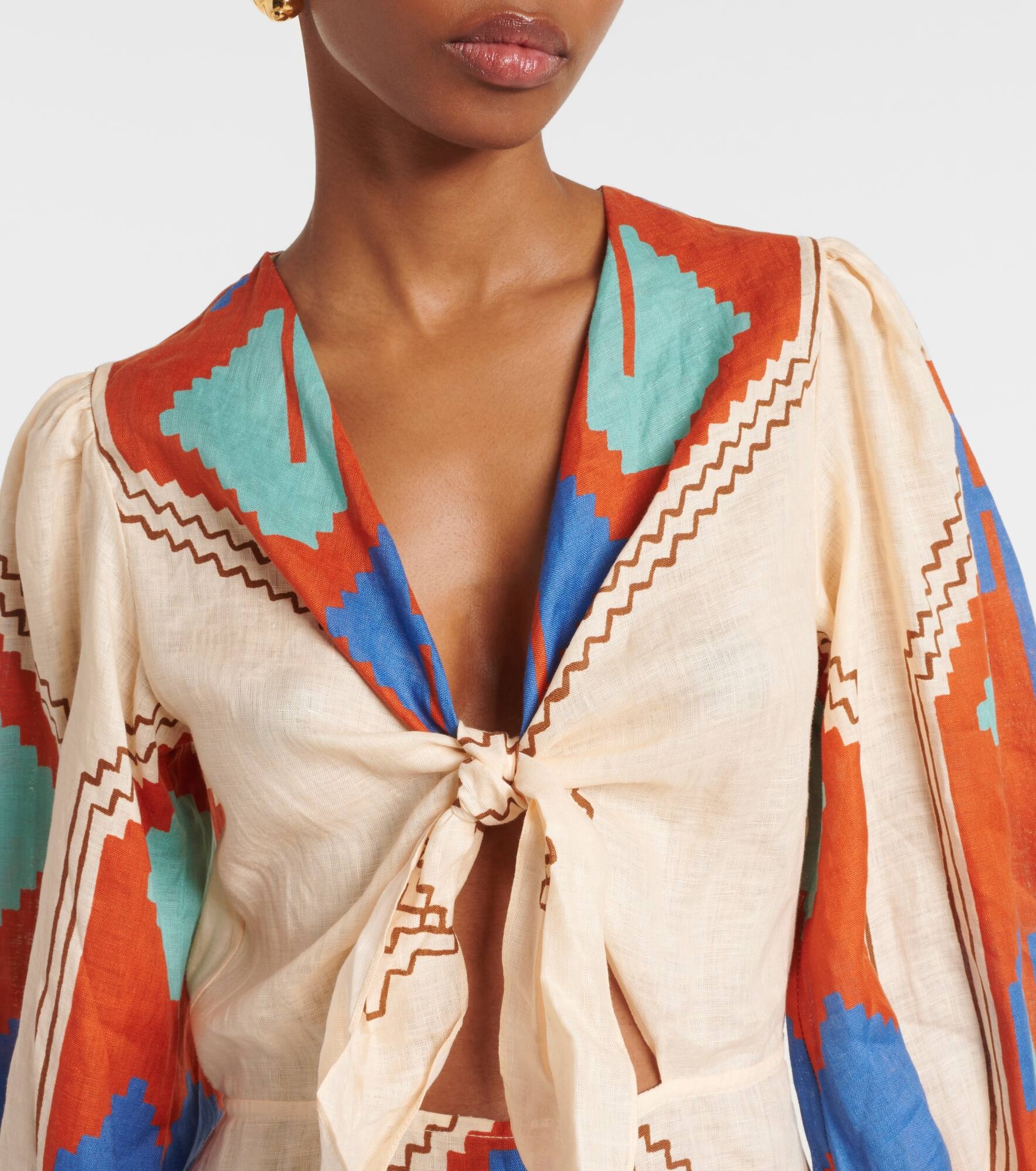 Printed tie-detail linen midi dress - 4