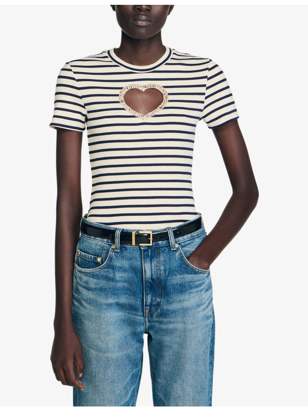 Striped Embellished-Heart Stretch-Cotton T-Shirt - 3