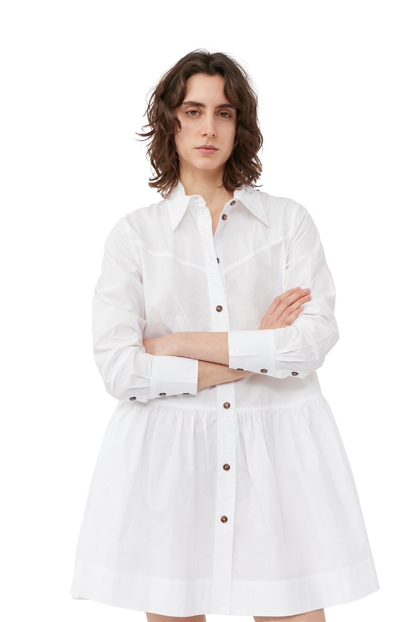 WHITE COTTON POPLIN MINI SHIRT DRESS - 6