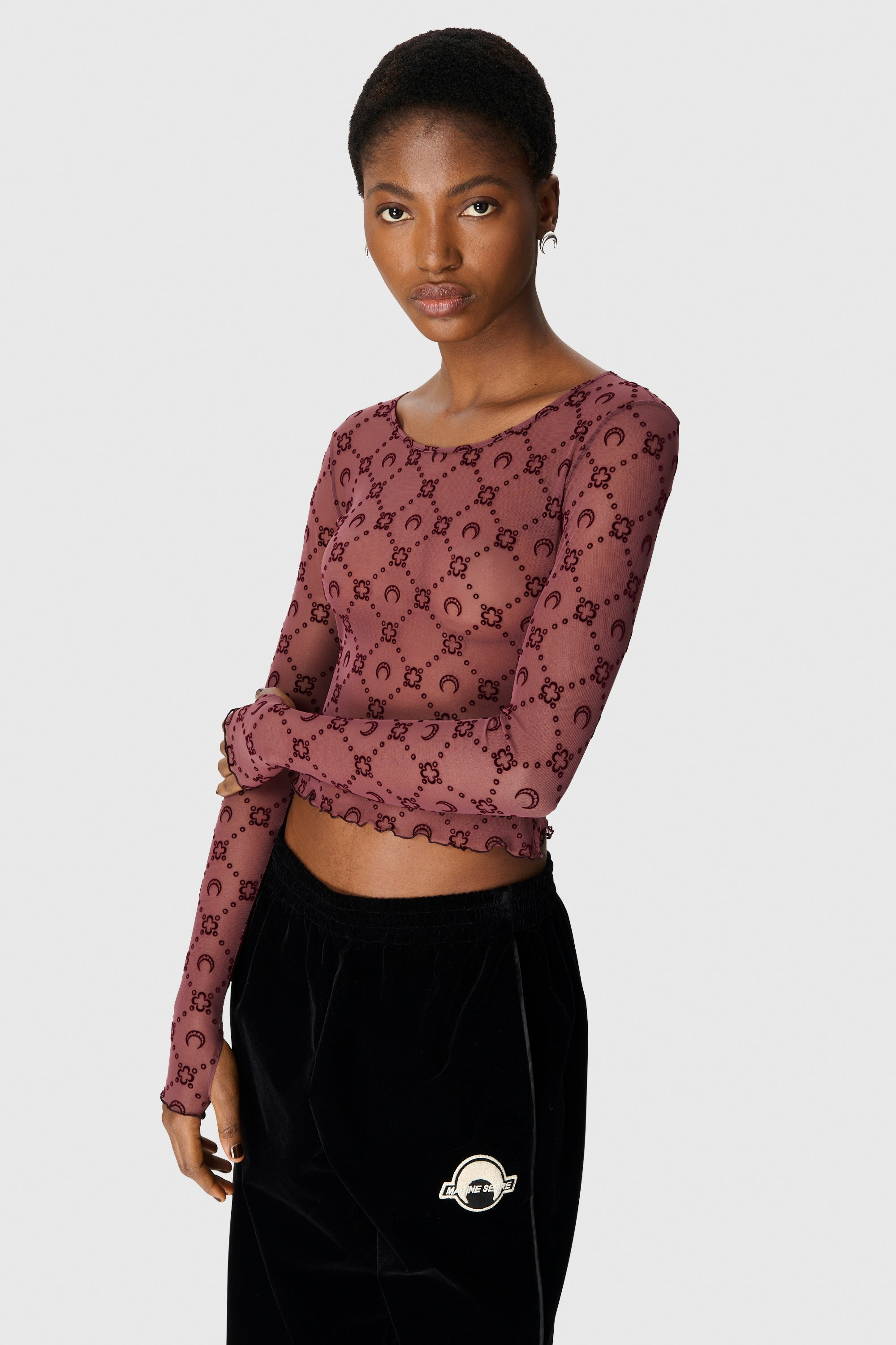 Moonogram Mesh Flock Ls Cropped Top - 2