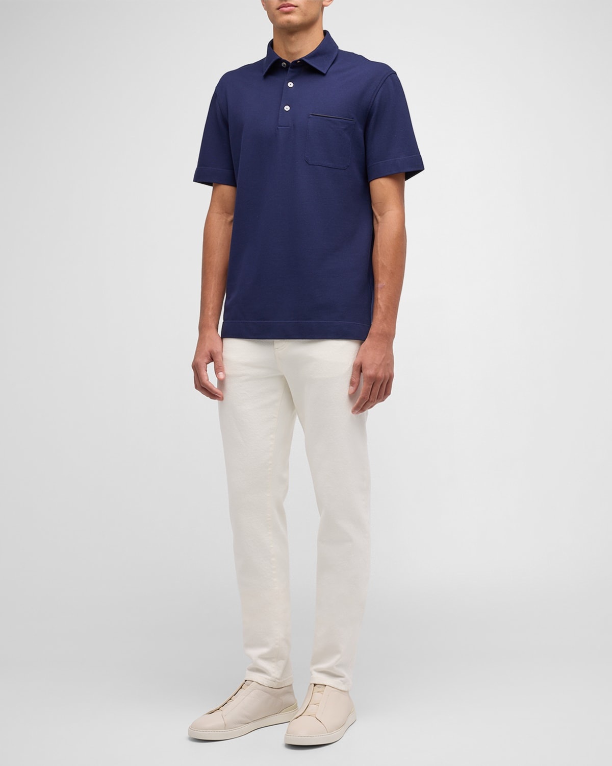 Men's Cotton Polo Shirt with Leather-Trim Pocket - 2