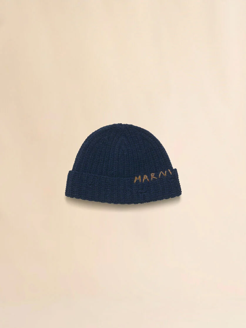 DEEP BLUE RIBBED BEANIE WITH HAND-STITCHED LOGO - 1