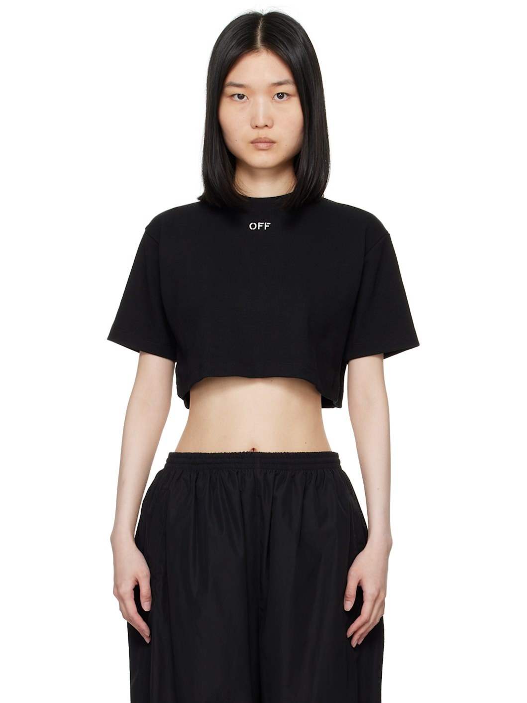 Black Off Stamp Rib Cropped T-Shirt - 1