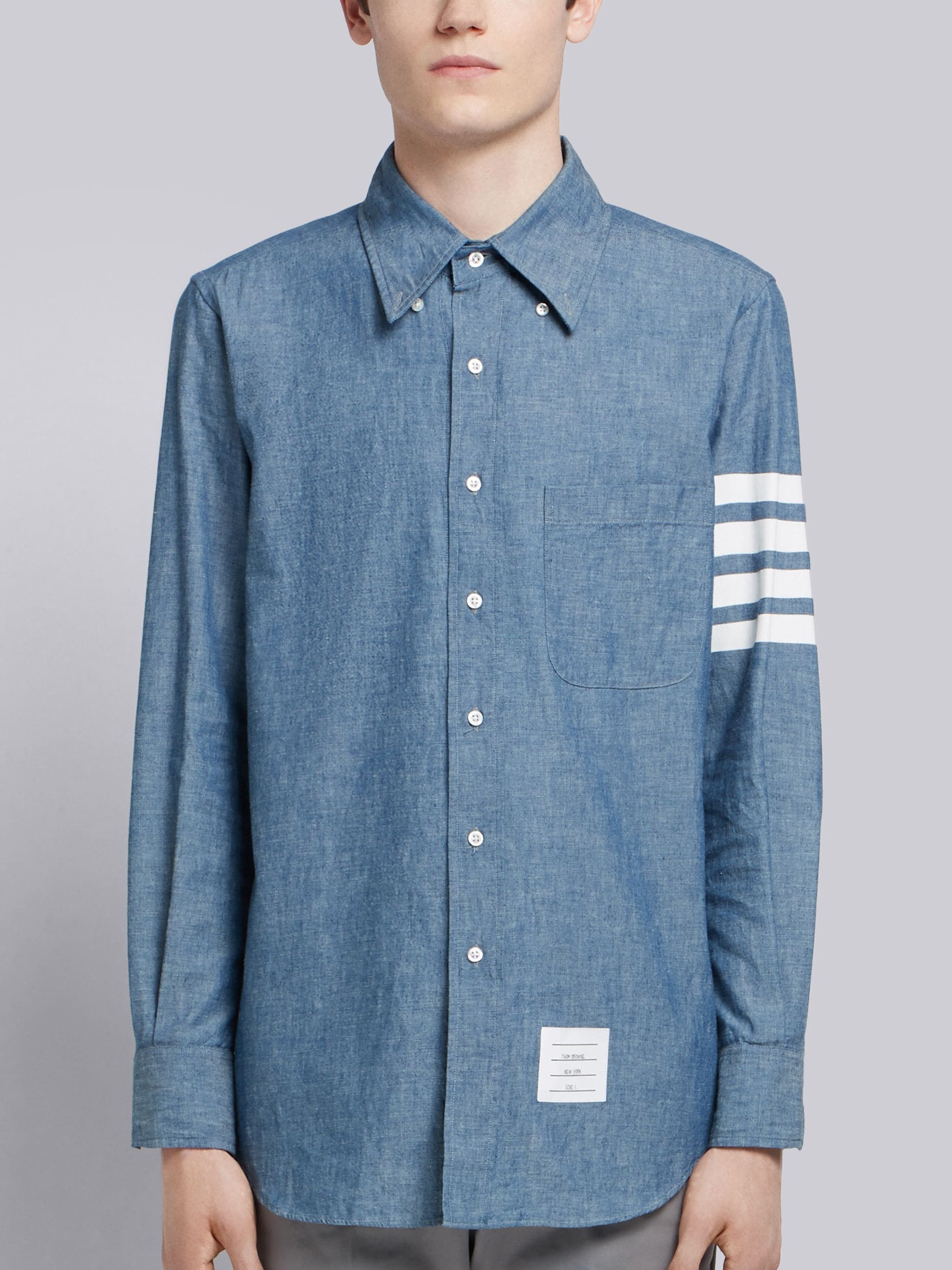 Thom Browne 4-Bar Straight-Fit Chambray Shirt - Grey