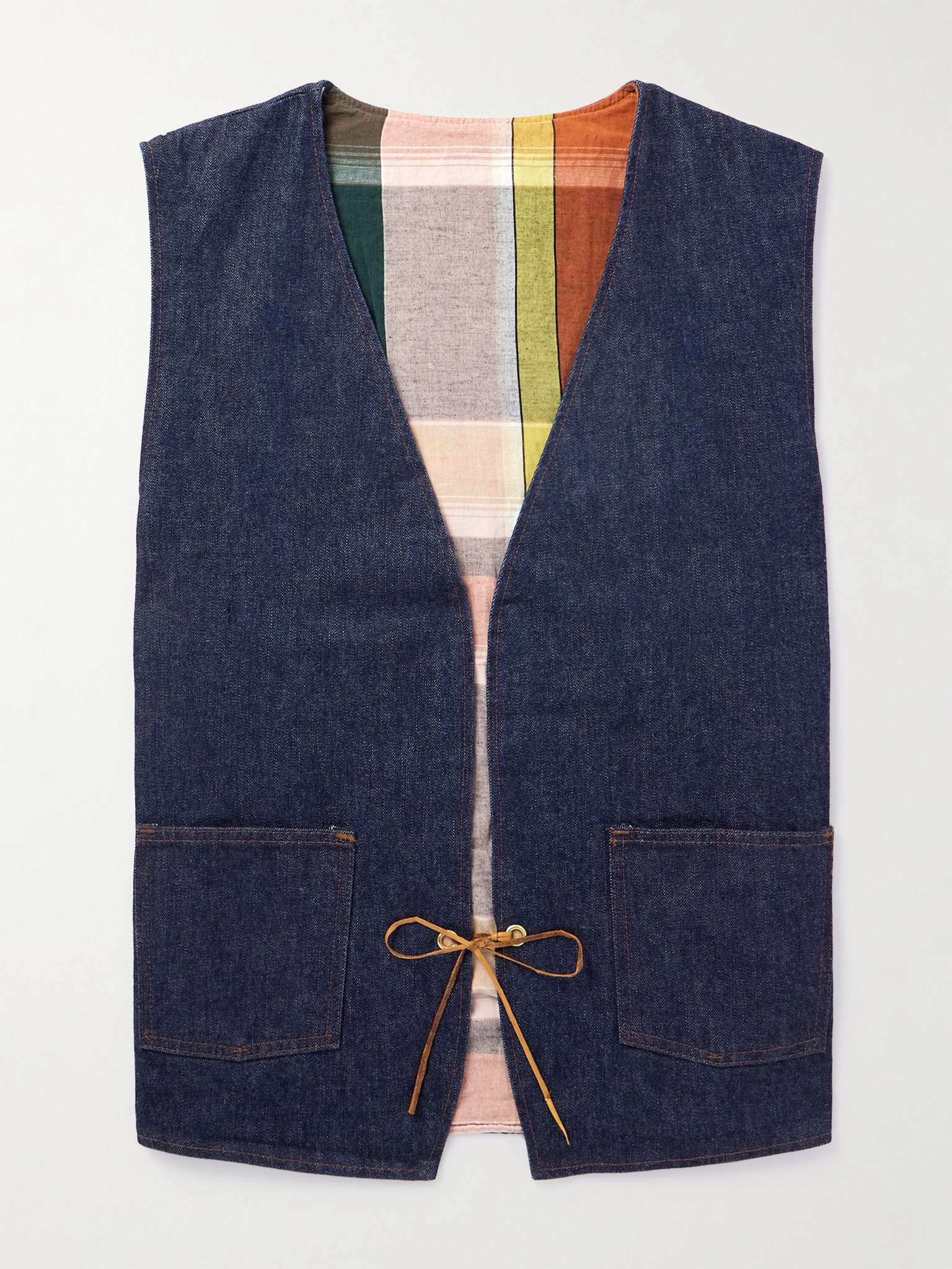 Hippie's Reversible Denim and Checked Cotton and Linen-Blend Gilet - 1