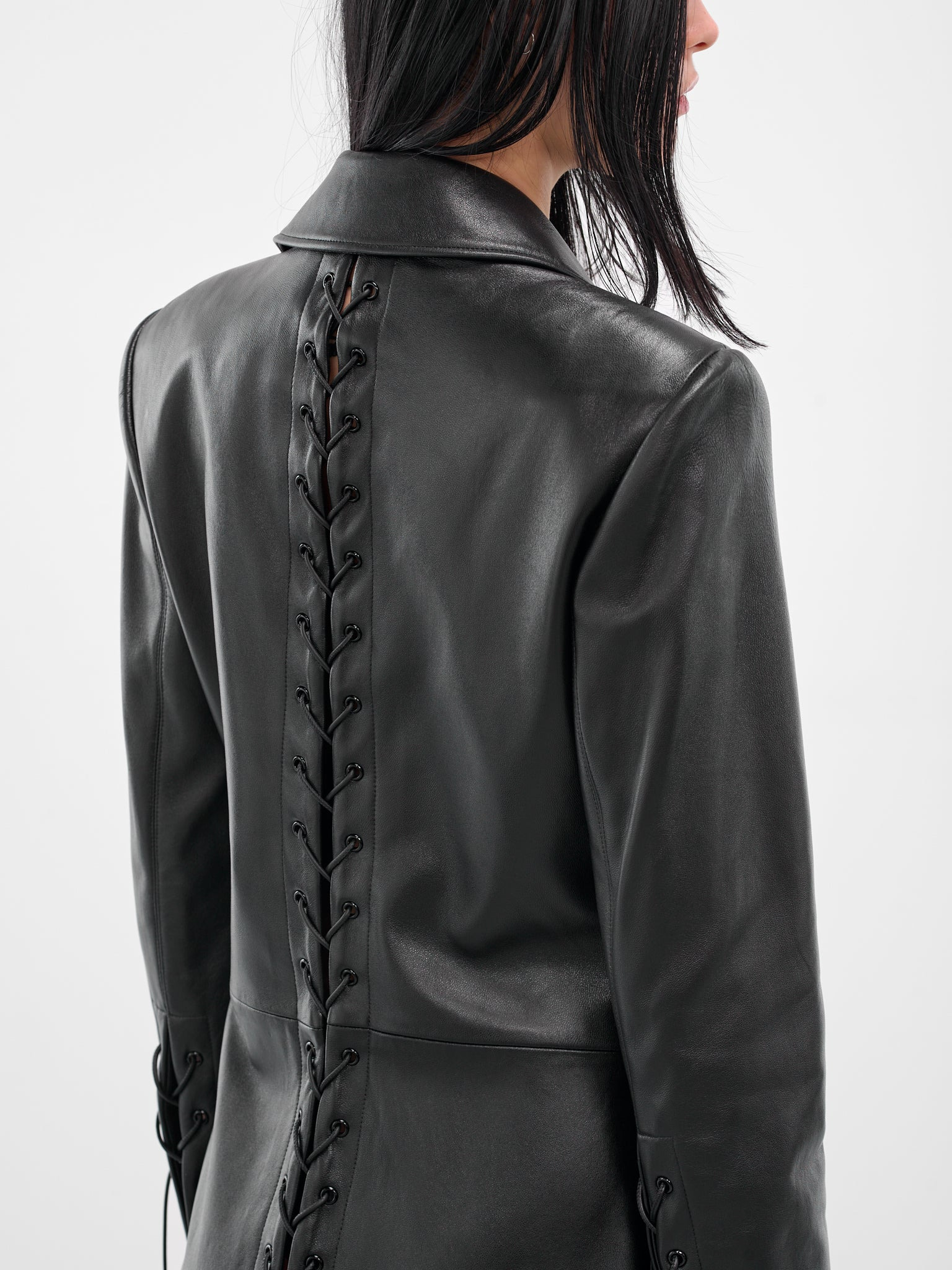 Black Leather Lace-Up Coat - 5