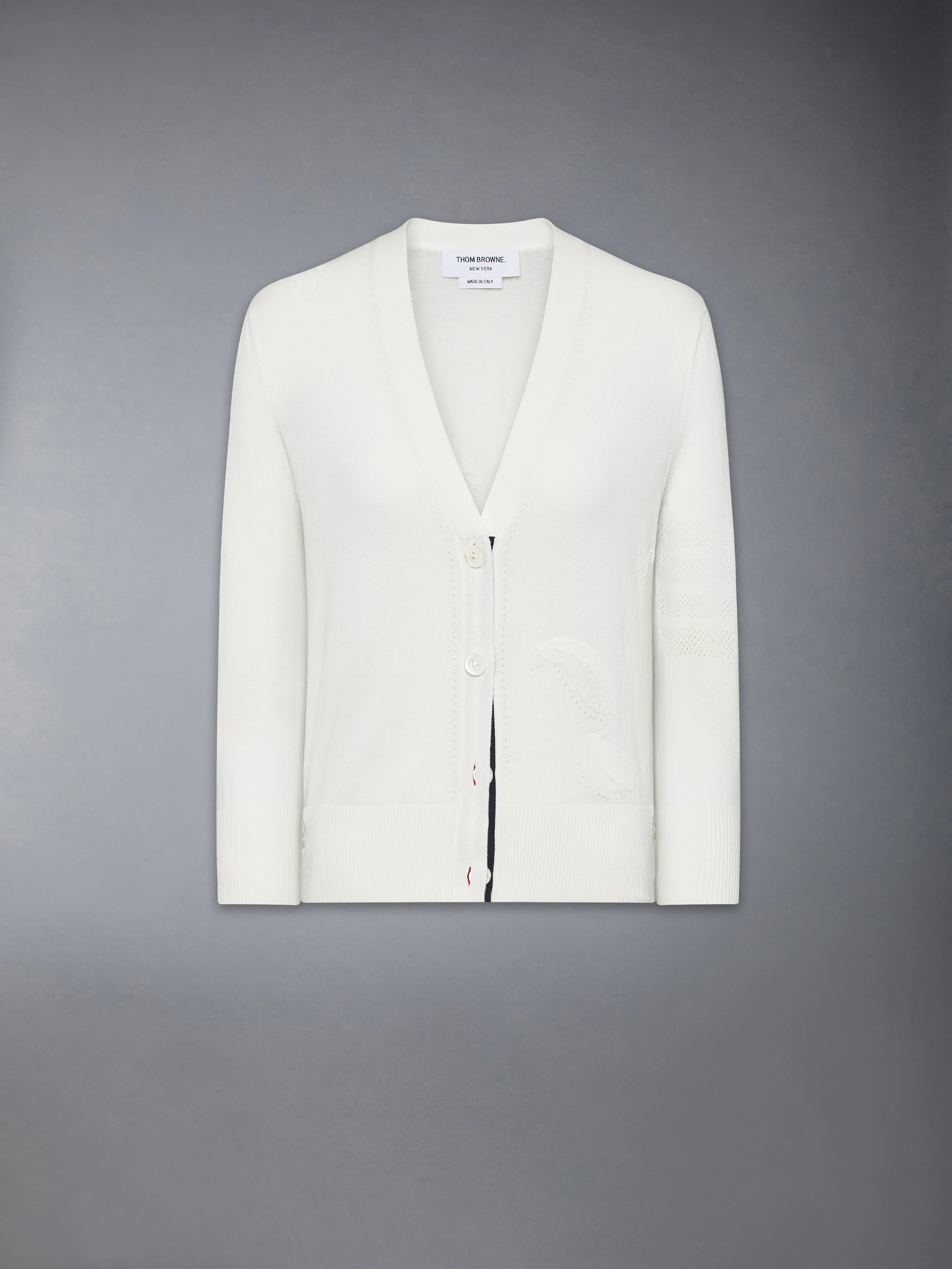 FEATHER INTARSIA POINTELLE 4-BAR V NECK CARDIGAN - 1