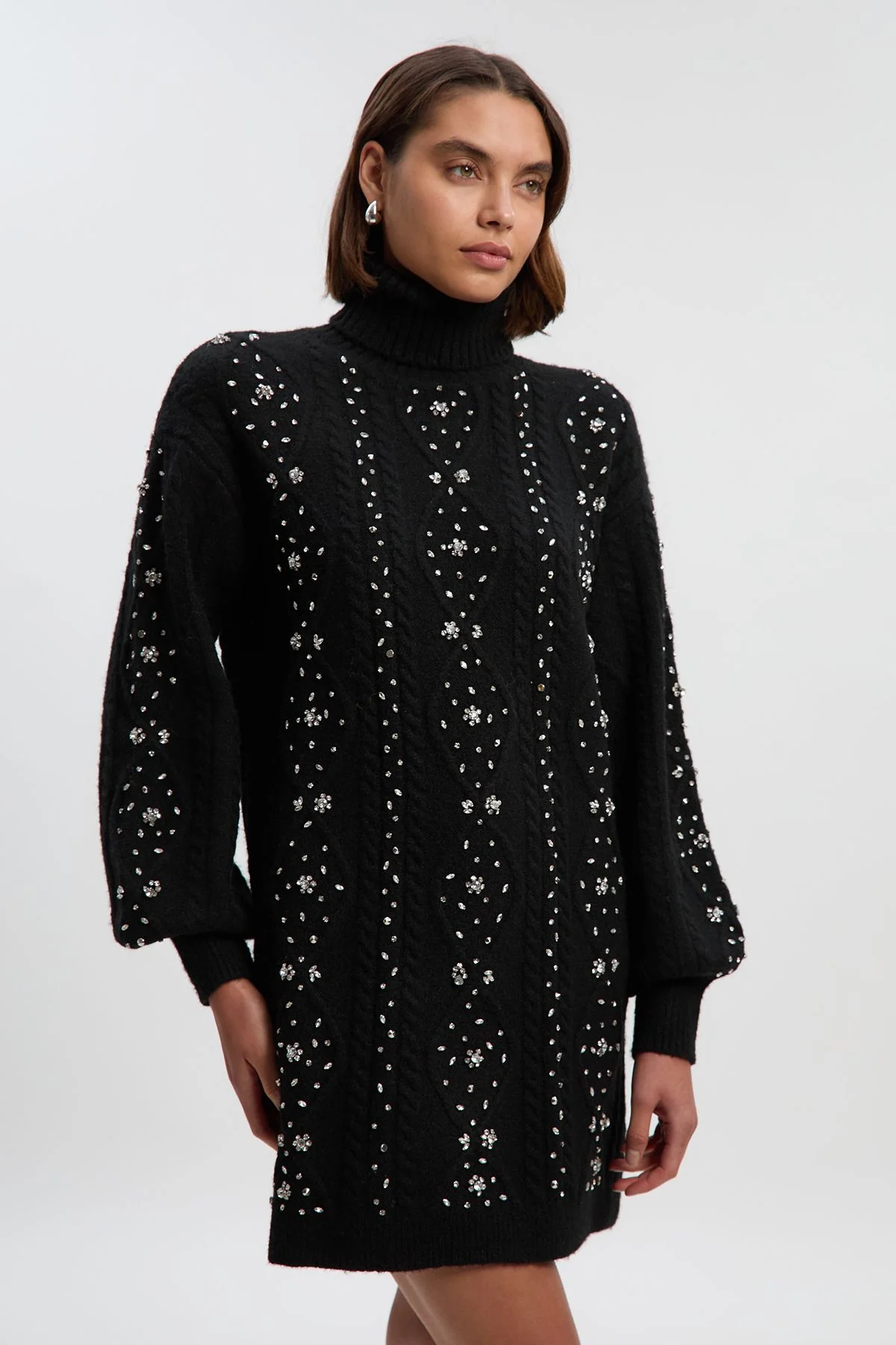 Wool Blend Embellished Cable Knit Jumper Mini Dress - 1
