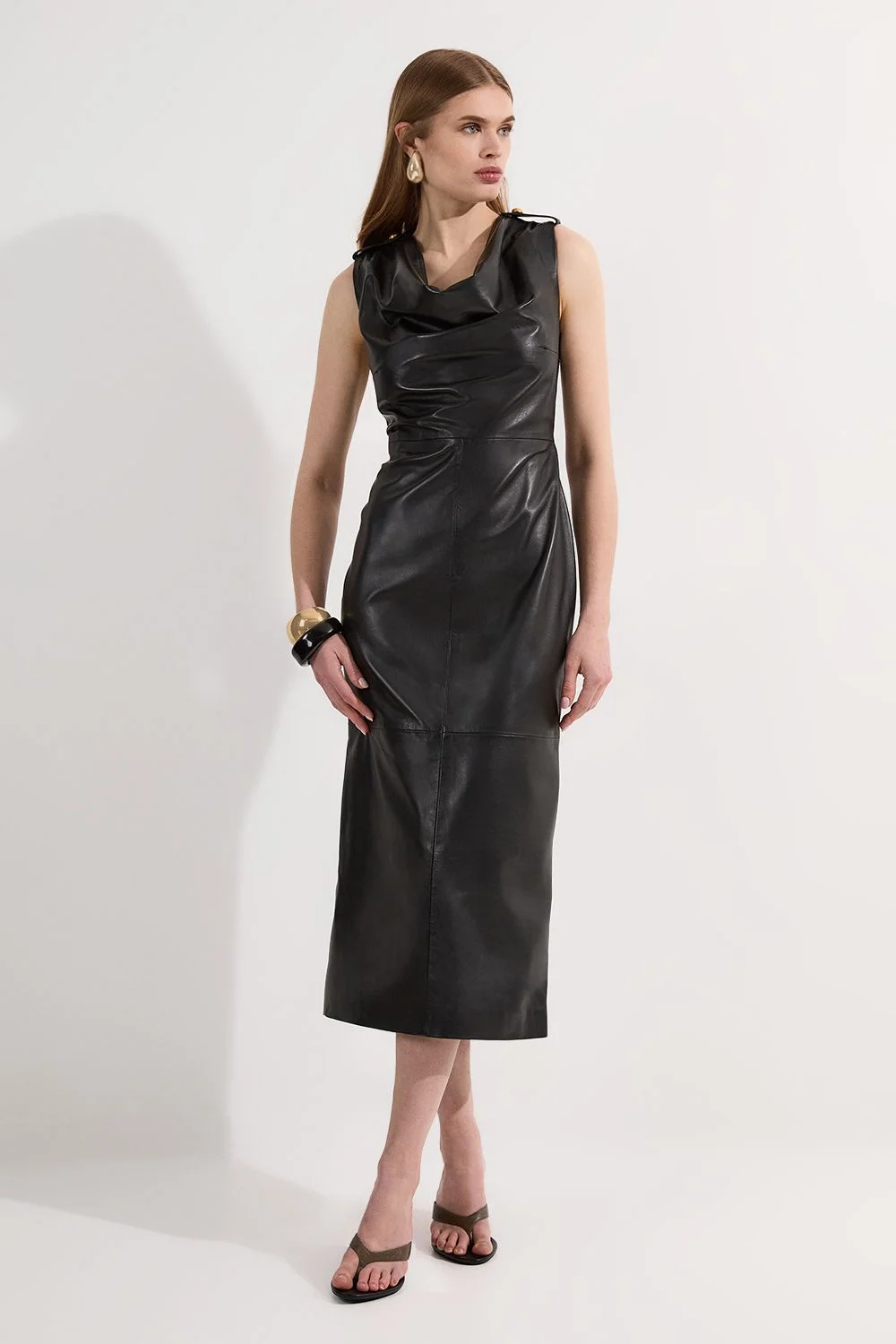 Leather Cowl Neck Drape Pencil Midi Dress - 1
