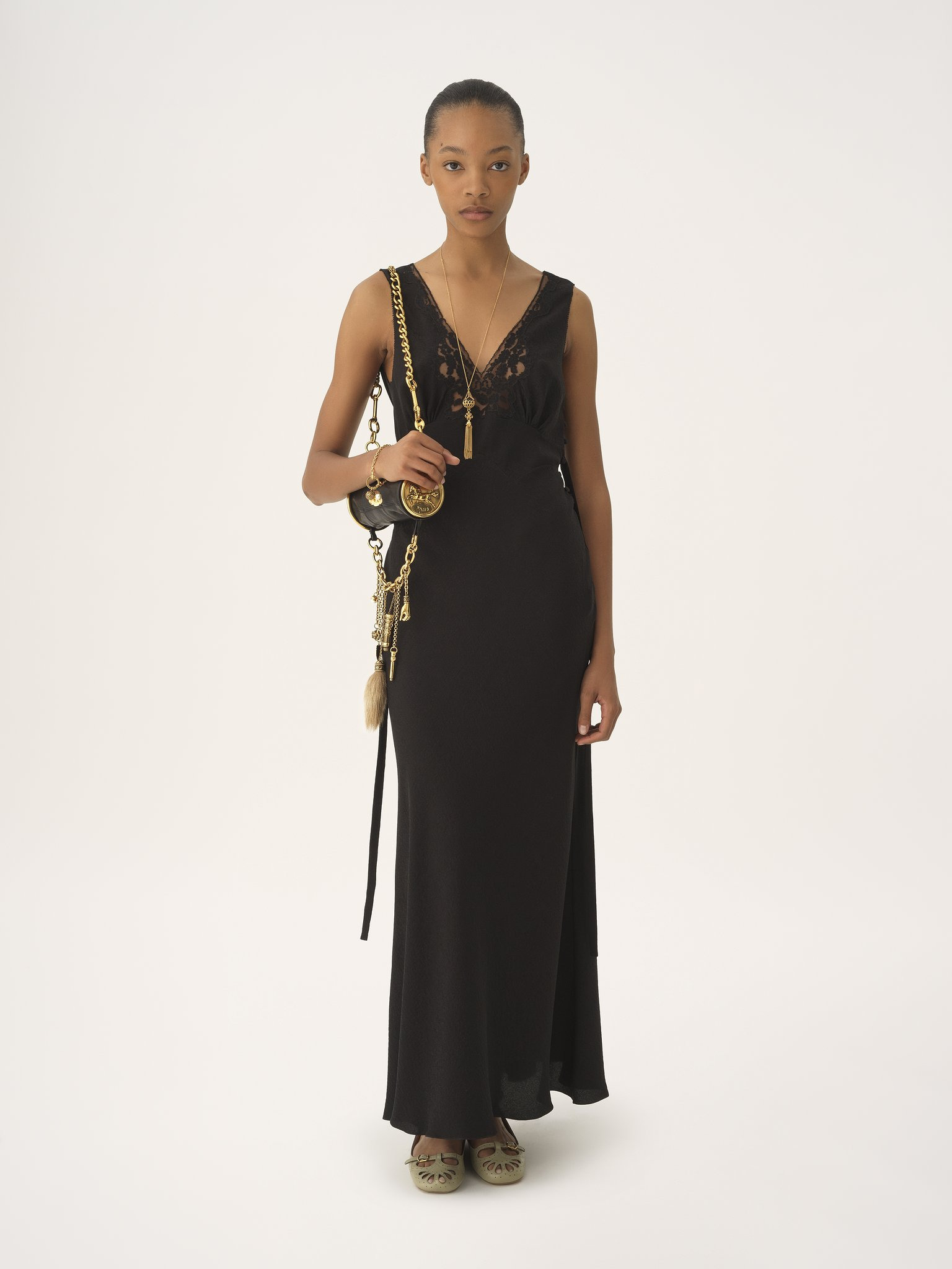 SLEEVELESS COLUMN DRESS IN SILK JACQUARD & LACE - 3