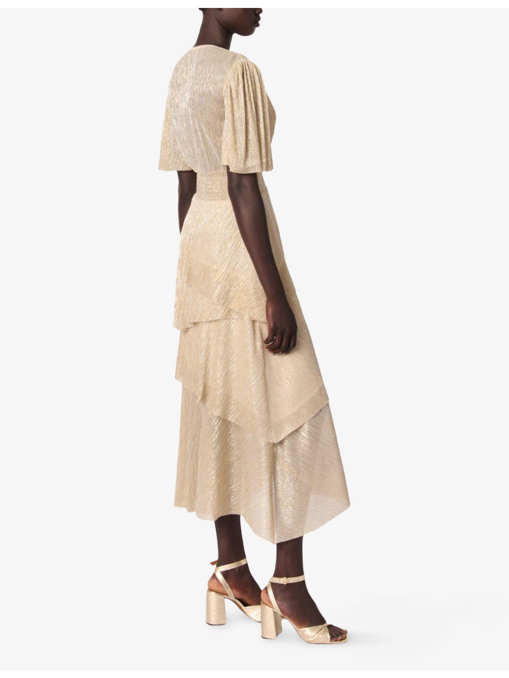 Tiered Asymmetric-Hem Metallic-Woven Midi Dress - 4
