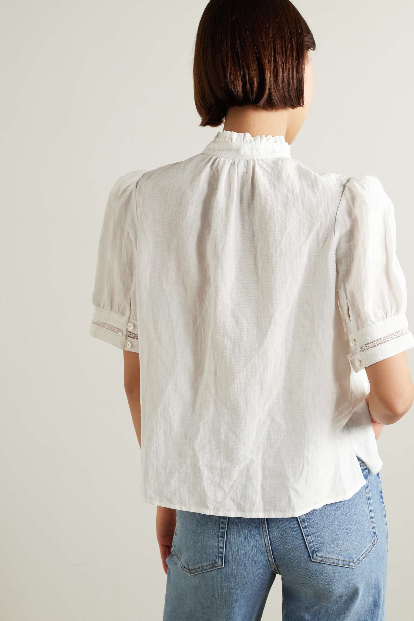 Lace-trimmed ruffled linen-blend blouse - 3