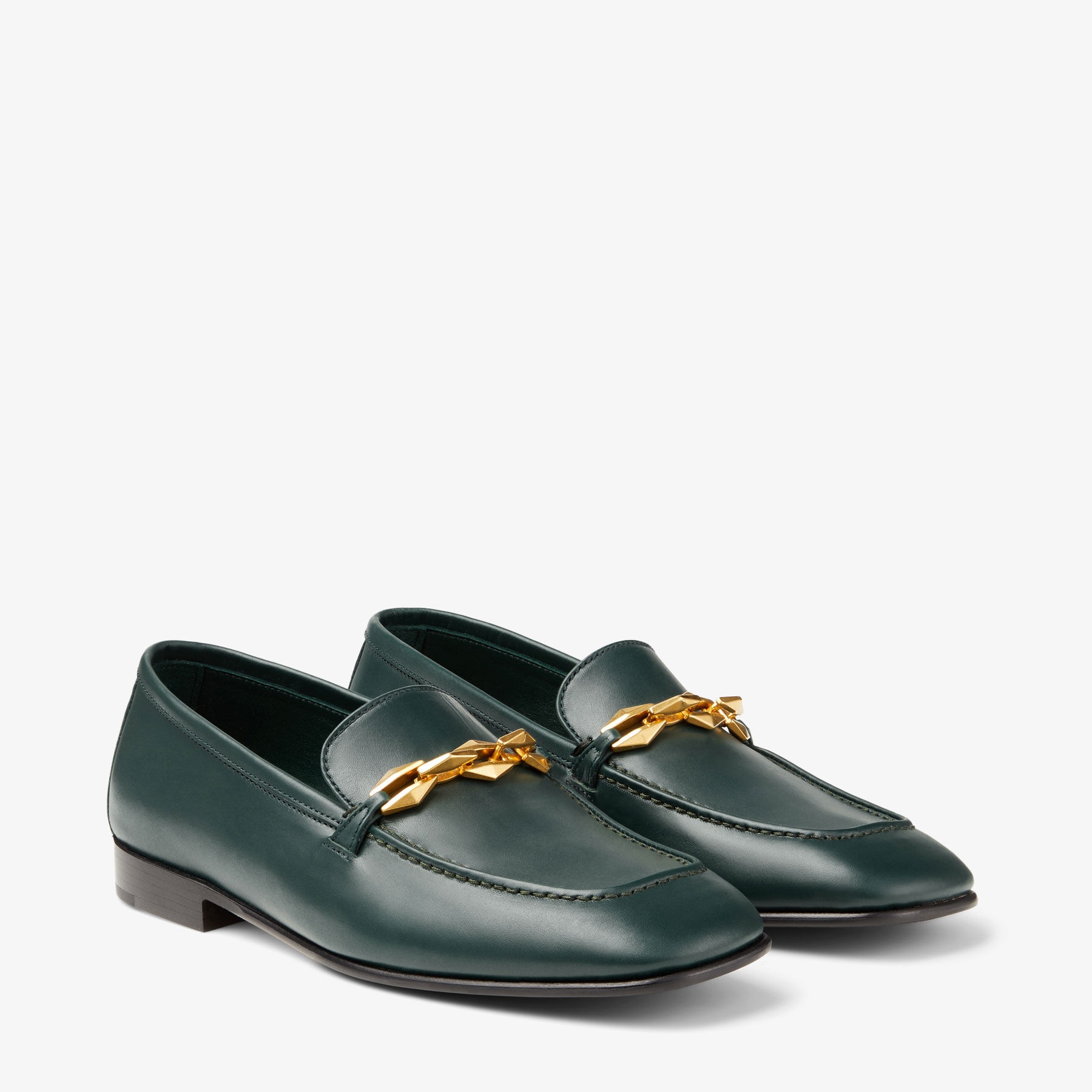 Diamond Tilda Loafer
Dark Green Calf Leather Loafers with Diamond Chain - 2