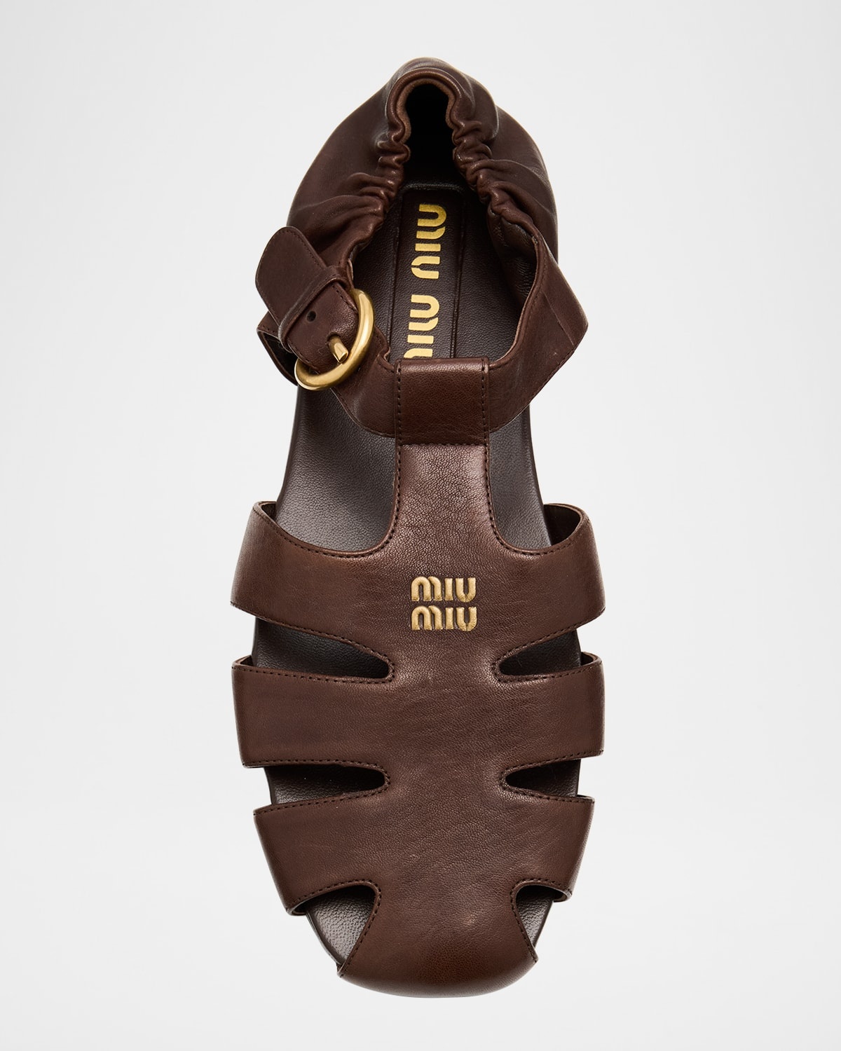 ★MiuMiu★2025SS 新作★Louche Fisherman Sandals Oak★ Oak Ruches Nappa Leather Fisherman's Sandals | Miu Miu