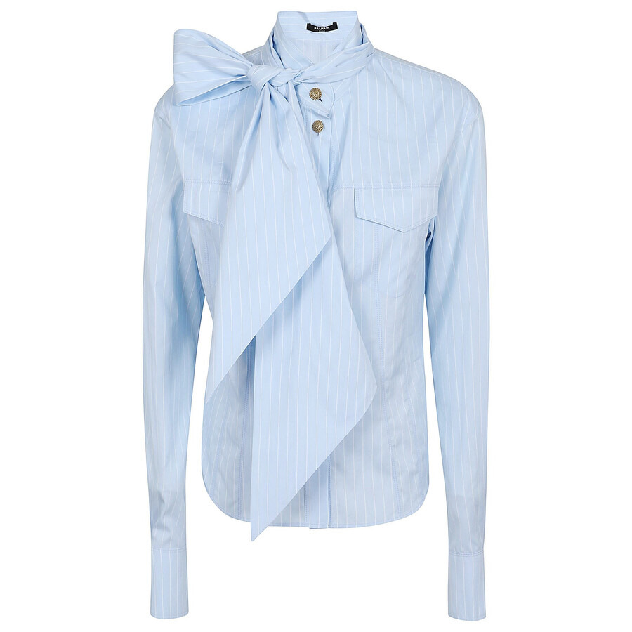 Balmain Pussy Bow Striped Cotton Popeline Shirt - 5